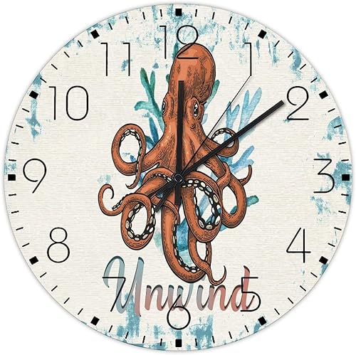 Miniatura 13 de Wood Wall Clocks Silent Non-Ticking Large Numbers Battery Operated Nautical Beach Ocean Theme Underwater Octopus Country Wall Clocks Watercolor