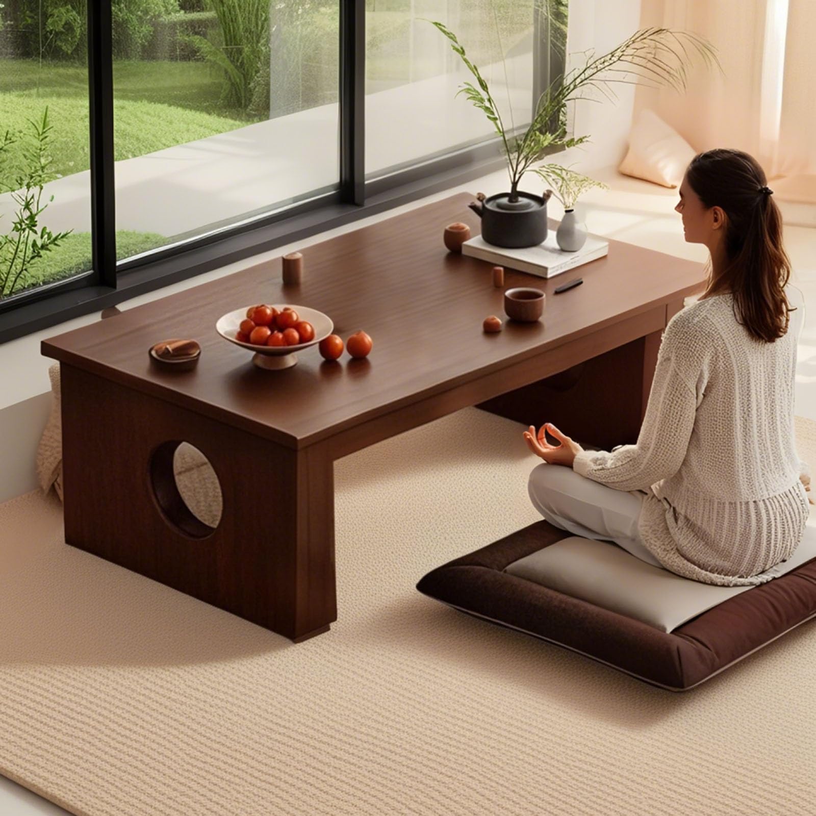 Table basse japonaise avec coussins en bois massif pour salle à manger, thé, tatami, maison, bureau, salon, méditation, balcon