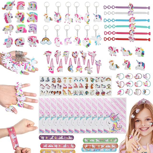 Anpro 90pcs Unicorn Party Bags Filler,Unicorn Pinatas Filler,Contains 9 Different Unicorn Goods(HairpinSlap BraceletsKeychainTemporary Tattoos Sticker and so on),Suitable for 3+ Girls