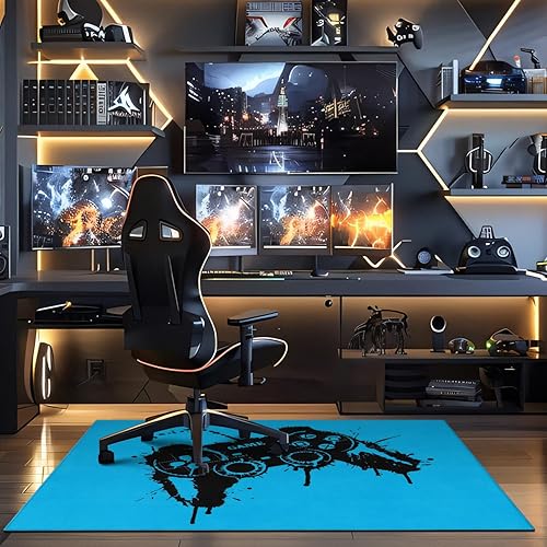 Miniatura 4 de Tapete para silla de juegos para suelos de madera dura, tapete de videojuegos azul de 48 x 36 pulgadas para sala de juegos, alfombra de juegos