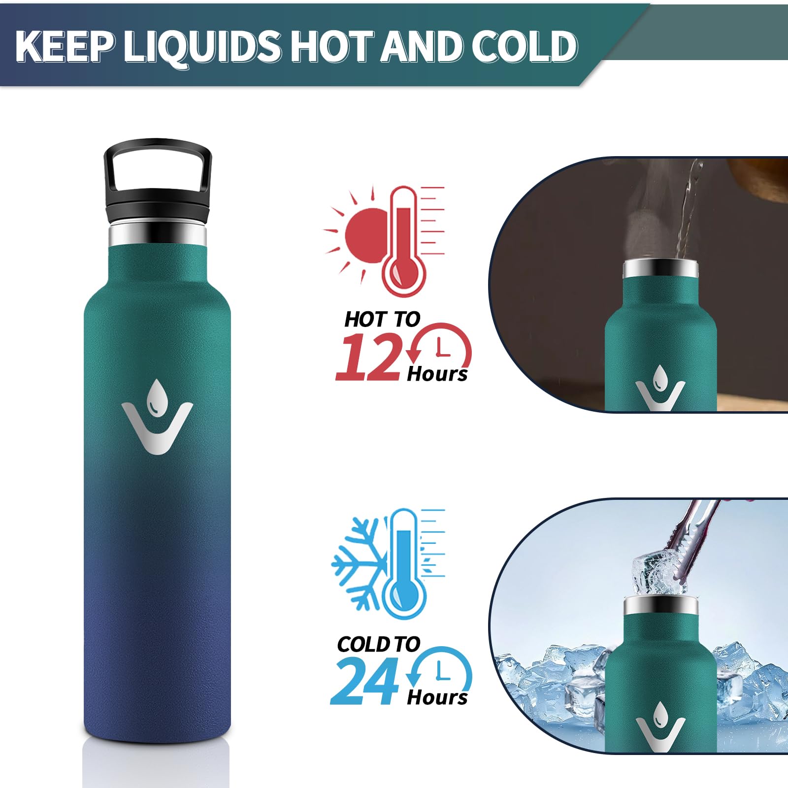 Vikastar Borraccia Termica, 0.75L Senza BPA, Thermos per Bevande Calde, Acciaio Inox, Borraccia Termica 750 ml, a Prova di Perdite, Bottiglia Termica per Sport, Palestra, Ciclismo, Verde & Blu