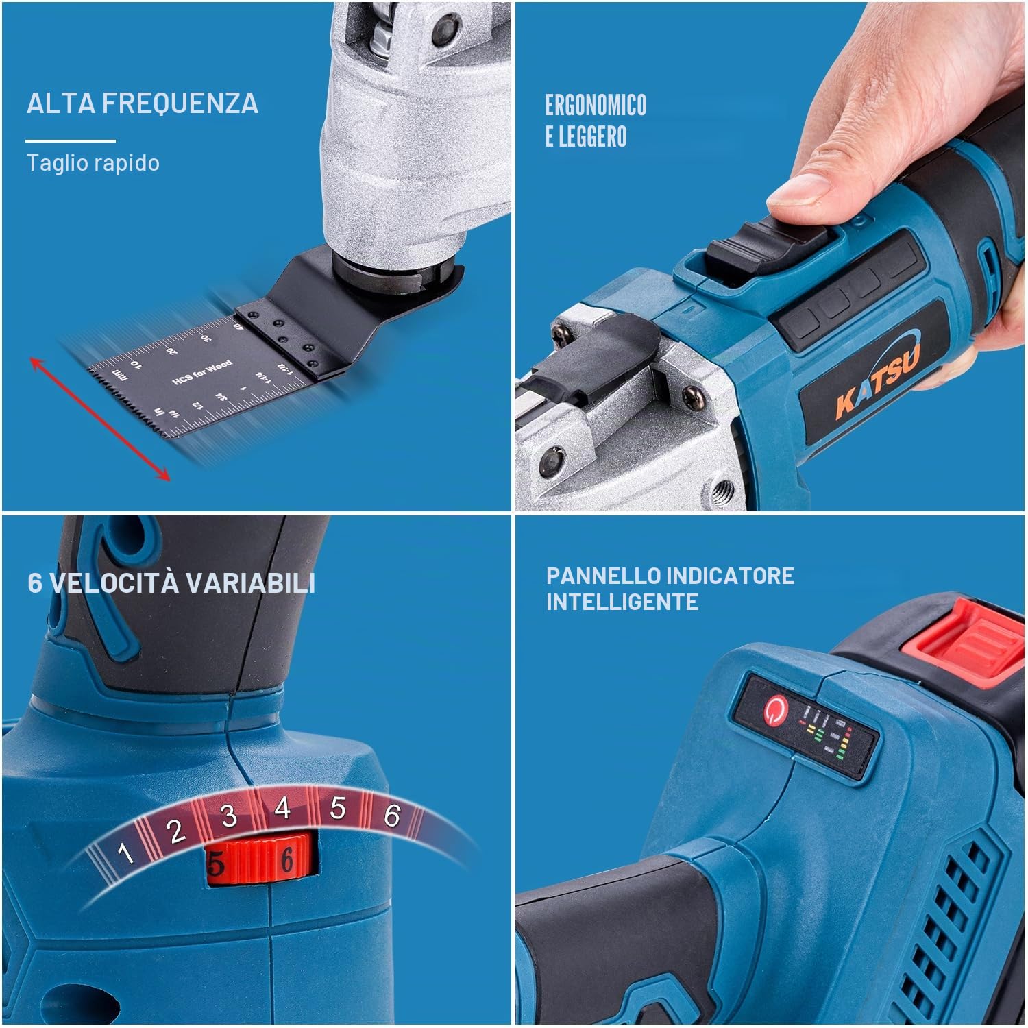 KATSU FIT-BAT 21V Utensile Multifunzione Oscillante a Batteria Brushless Motore con 3,0Ah Batteria e Caricabatterie, 6 Velocità, Sistema di Cambio Rapido, per Raschiatura Taglio Lucidatura