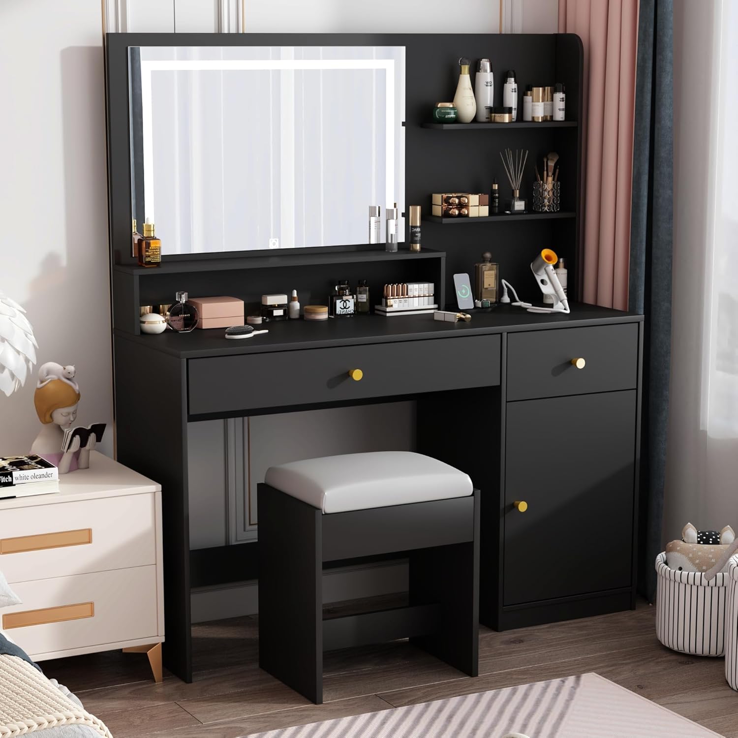 jiteentarou 47" Black Vanity Desk with Mirror and Lights