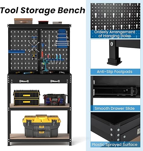 Miniatura 6 de Goplus Banco de trabajo, mesa de trabajo con cajón, tablero de clavijas, accesorios para colgar, espacio de cobertura, banco de almacenamiento de