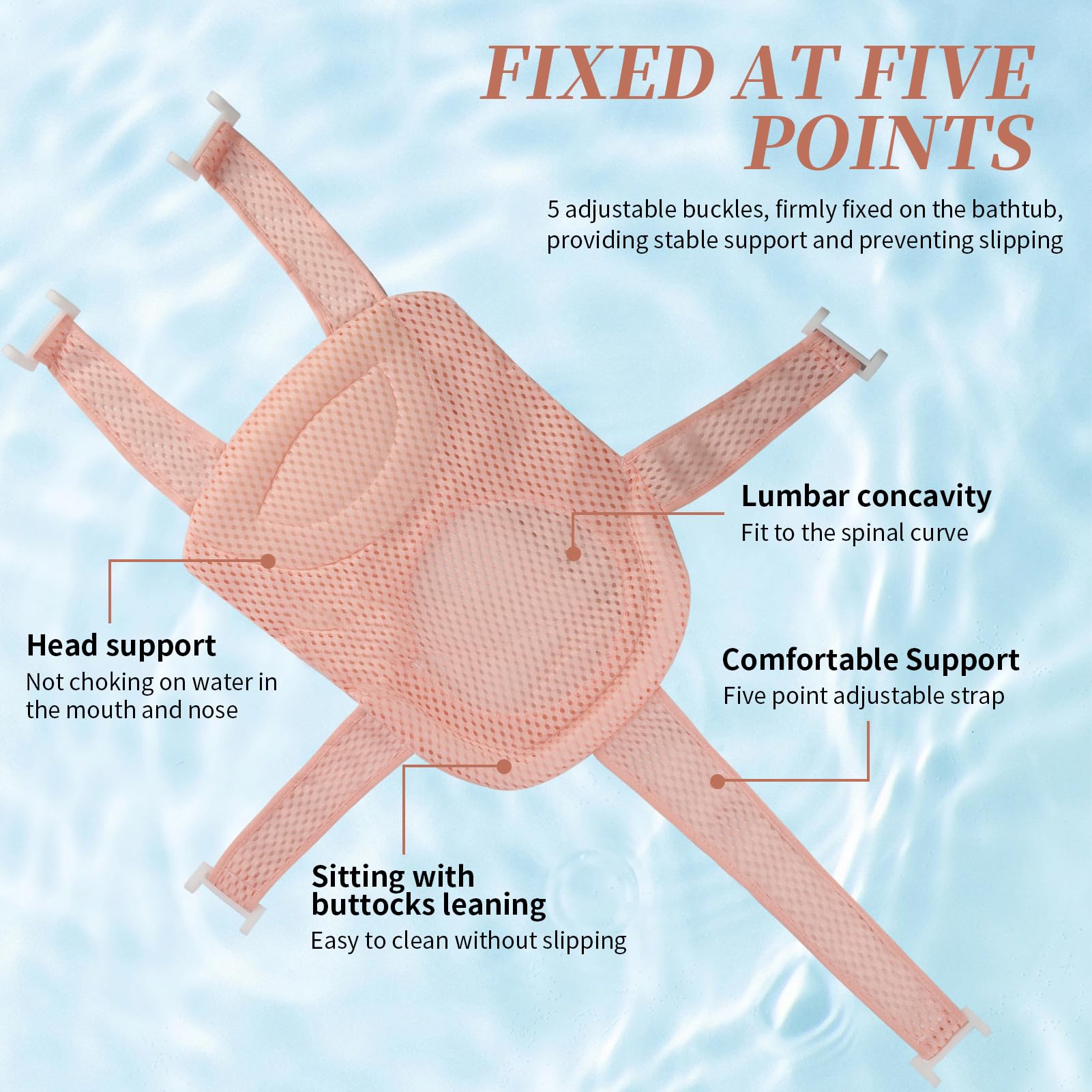 Une doublure de baignoire pour bébé ergonomique et antidérapante, équipée d'un tapis en maille réglable, d'un siège de bain sécurisé et de divers accessoires de baignoire, lbébés de moins de 18 mois