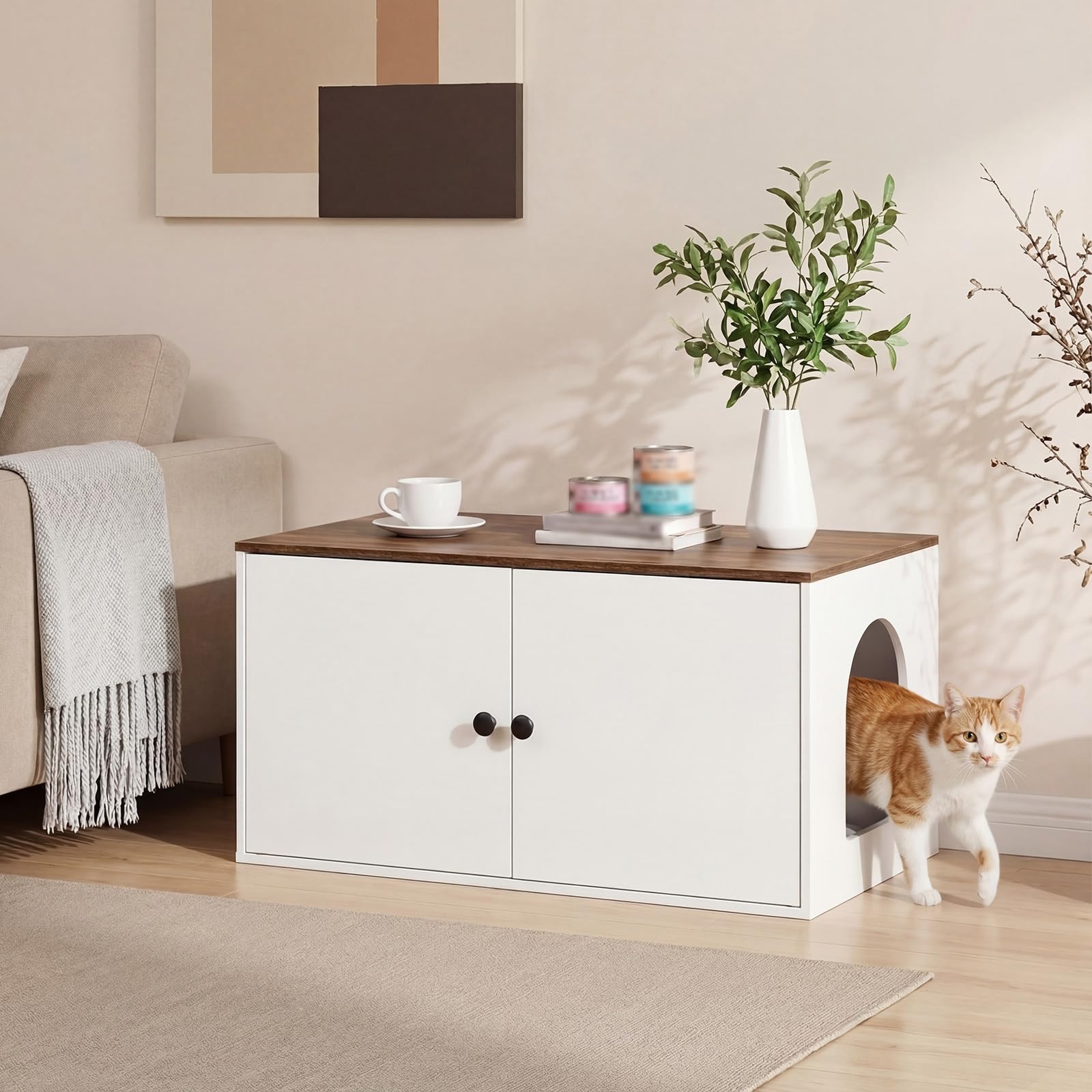 HOOBRO Katzenklo Schrank aus Spanplatte, Katzentoilette Schrank, versteckter Katzenkloschrank mit Seiteneingang, Haustiermöbel für den Innenbereich, Beistelltisch, Weiß und Walnuss EWH40MW01