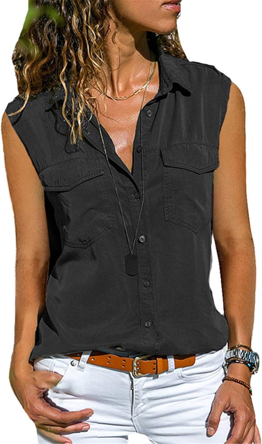 Andongnywell Women's Sleeveless Casual Lapel Solid Color Blouses Pocket Button Shirt Tops Pockets Shirt Blouse