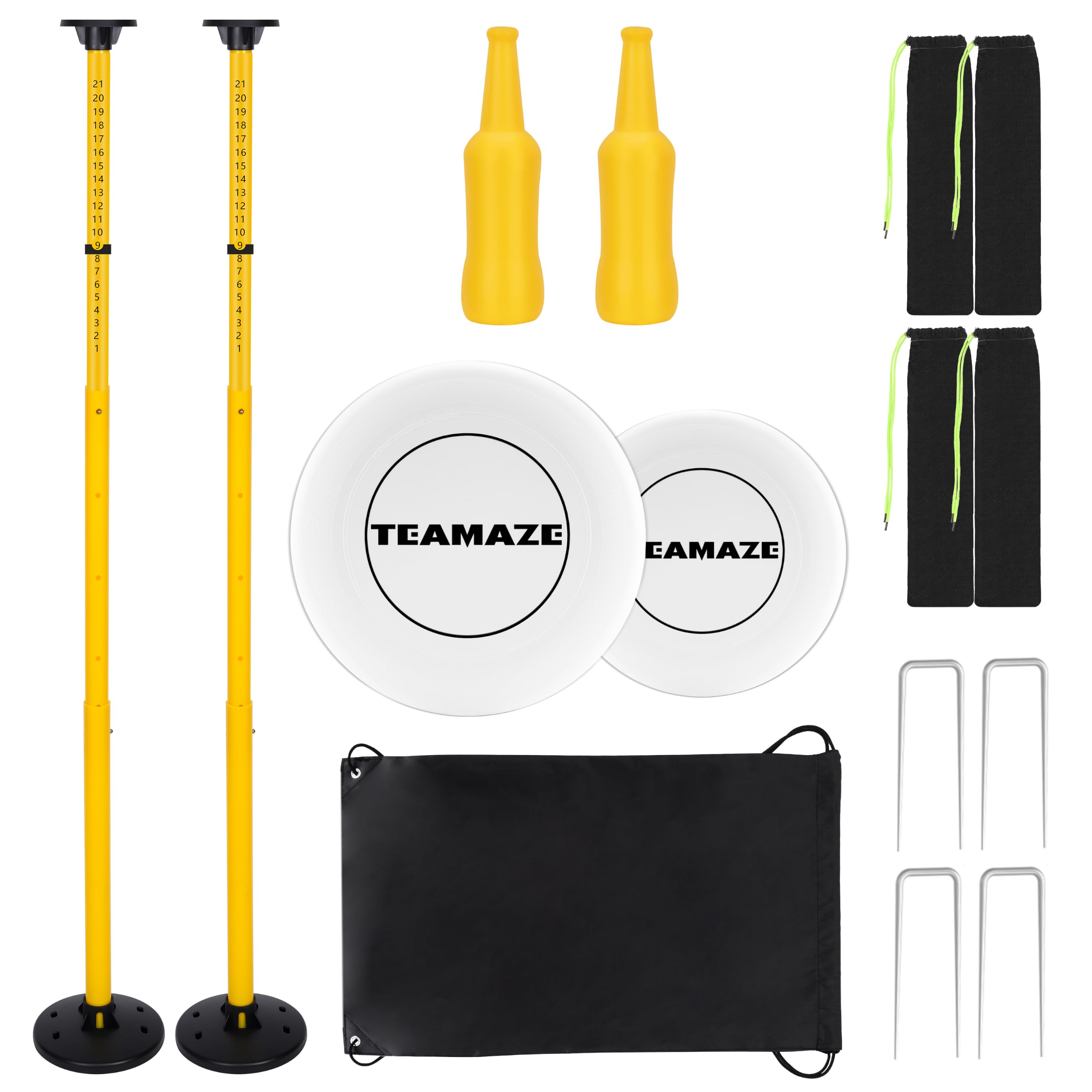 BOOSTEADY Set de Disque Volant avec Poteaux Réglables & Compteur de Points, Jeu de Lancer de Bouteilles de Jardin Portable, Jeu de Lancer de Disque Volant pour Cour Familiale Pelouse Plage Camping