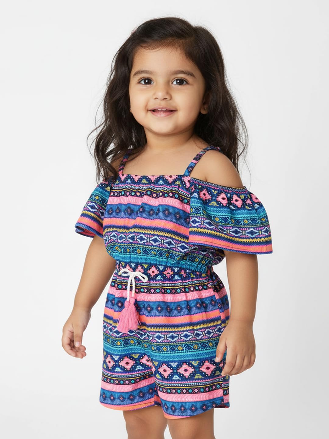 Nautinati Girls Printed Strap Sleeve Jumpsuit with Waist Tie Up | Rayon | Age 0-3 Years White-Yellow 1
