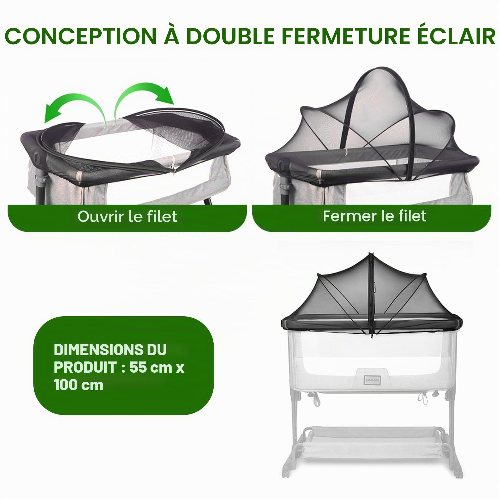 Moustiquaire universelle pour lit de voyage, pour lit d'enfant, avec fermeture éclair silencieuse pour lit, accès facile, installation rapide, filet anti-insectes à mailles fines