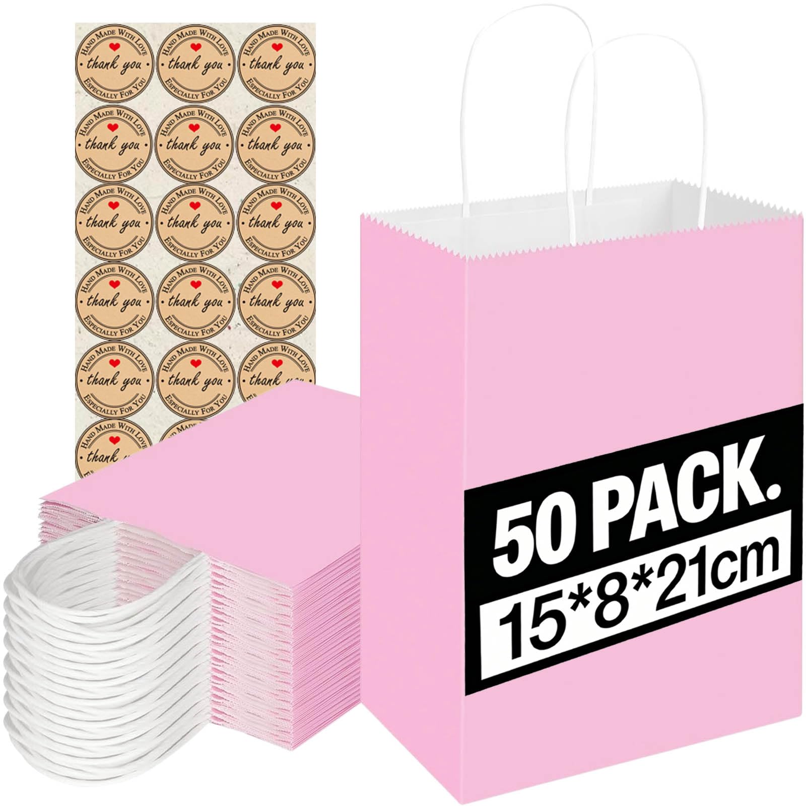 50Pcs Small Paper Bags With Handles, Paper Gift Bags (21x15x8cm), 130GMS Thicken Kraft bags Party Favor Shopping includes lables for Favor Birthday Party Wedding Shopping Retail (50PCS-Pink)