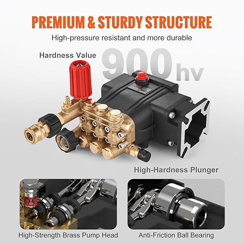 Miniatura 4 de VEVOR - Bomba de lavado a presión, 34" de eje horizontal, émbolo triplex, 3300 PSI, 3.0 GPM, bombas de lavado eléctrico de repuesto, compatible con
