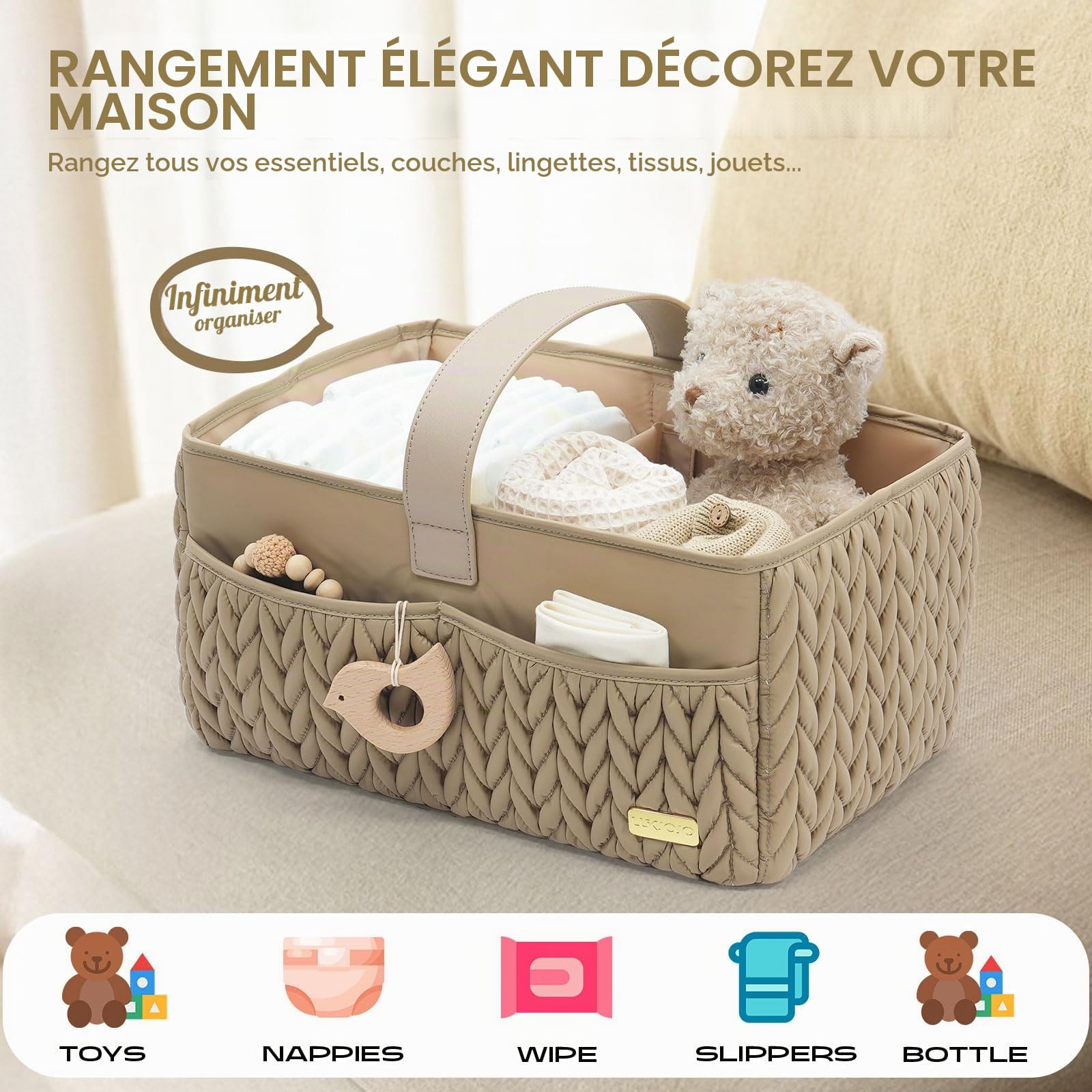 Organisateur de Couches pour Bébé, Panier de Rangement, Caddy (Beige)
