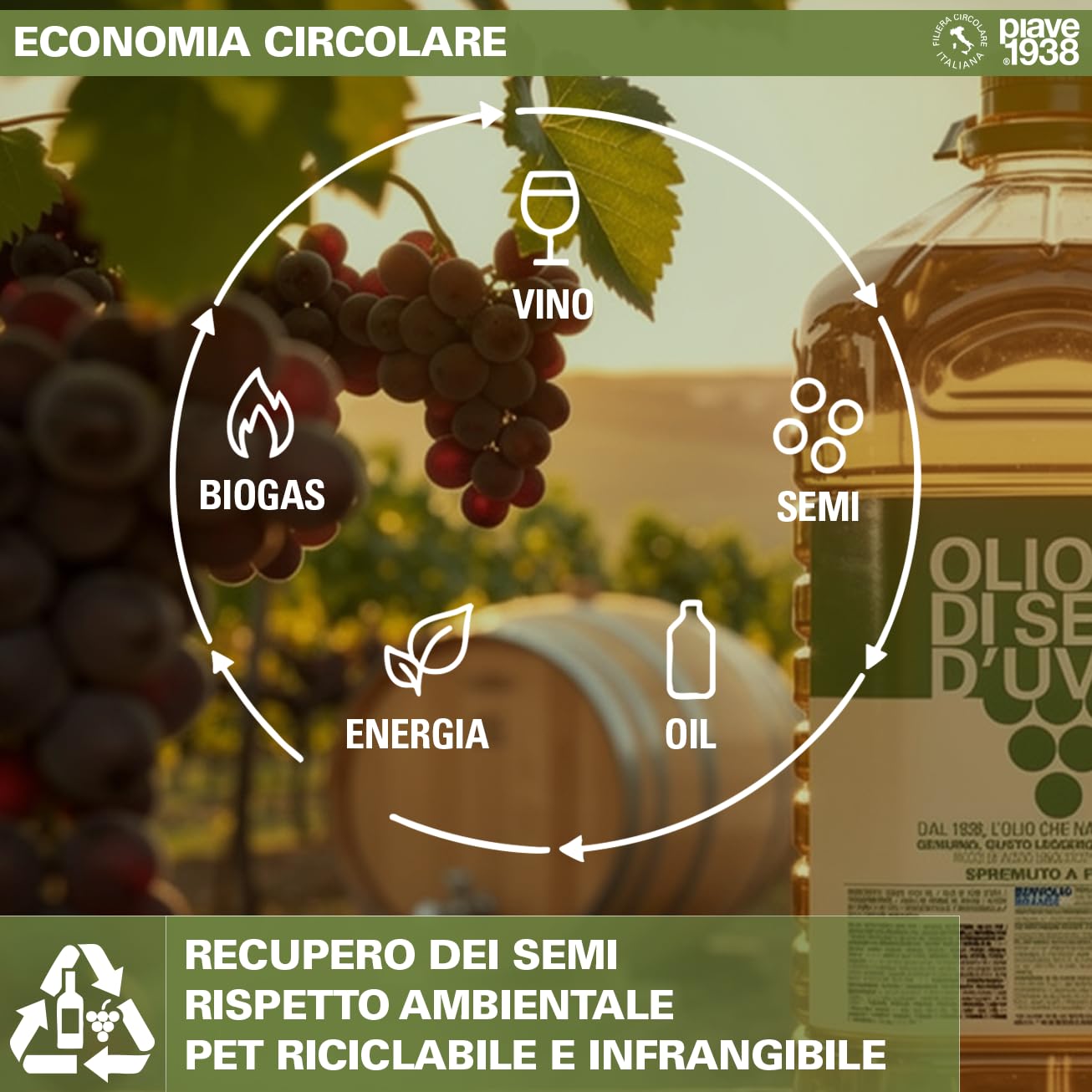 PIAVE 1938 Olio di Vinacciolo 5L Professionale - Per Ristorazione (Fritture, Dolci, Maionese) e Centri Massaggi - Alto Punto di Fumo 245°C, Olio di Semi d'Uva Puro Neutro Grape Seed Oil