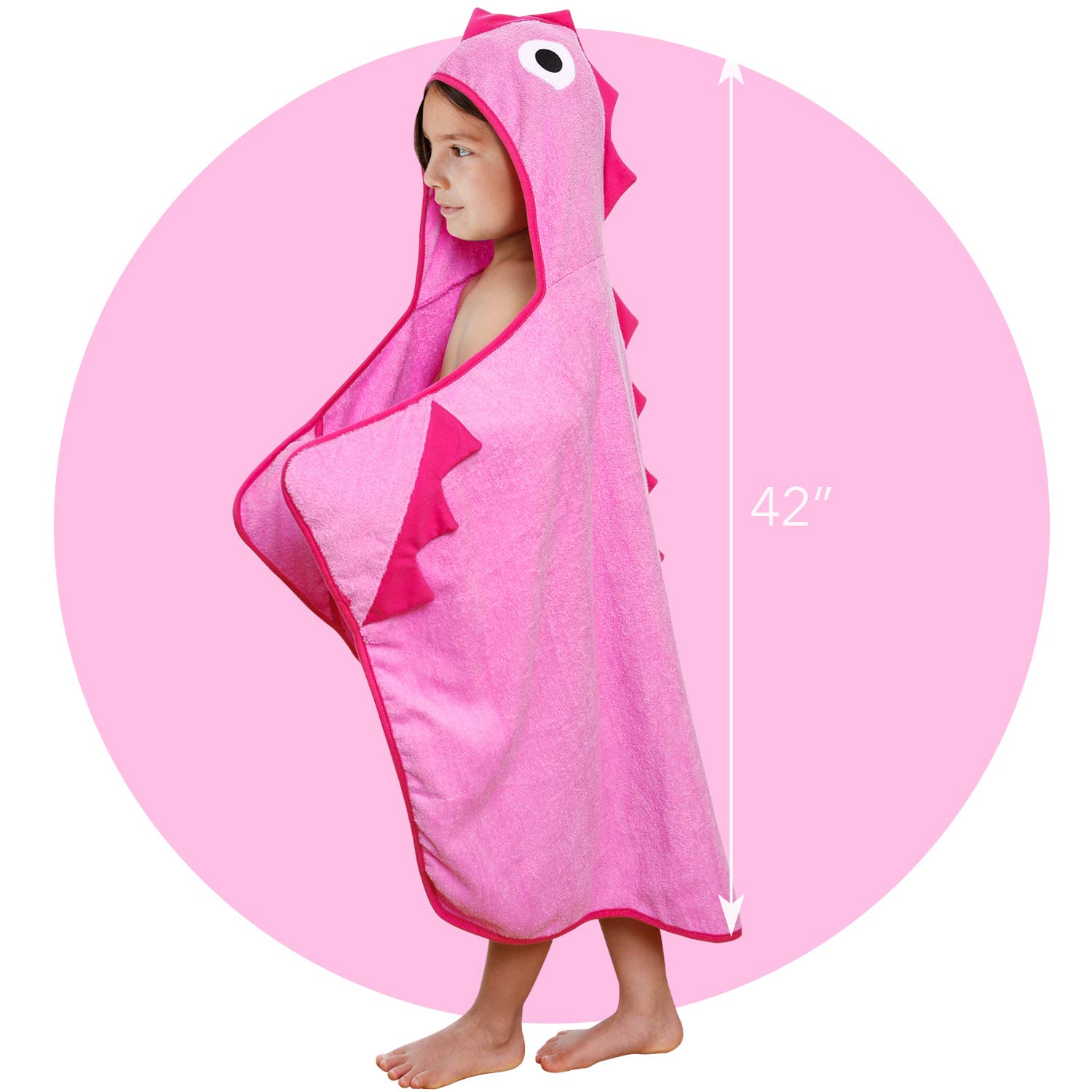 Piggy Button Premium Kids Dinosaur Design Hooded Towel | 100% Cotton Heavyweight Terry Cloth | Bath, Beach Towel for Boys & Girls (Pink)