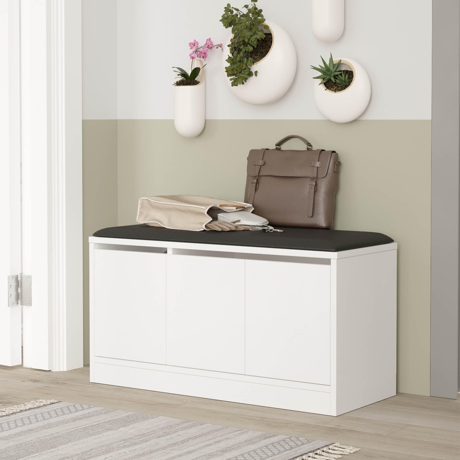 Rebecca Mobili Banc étagère à chaussures, meuble pour chaussures d'entrée, blanc gris foncé, aggloméré simili cuir, avec 4 compartiments, avec assise - dimensions HxLxP : 46 x 89,5 x 35,5 cm - Art.