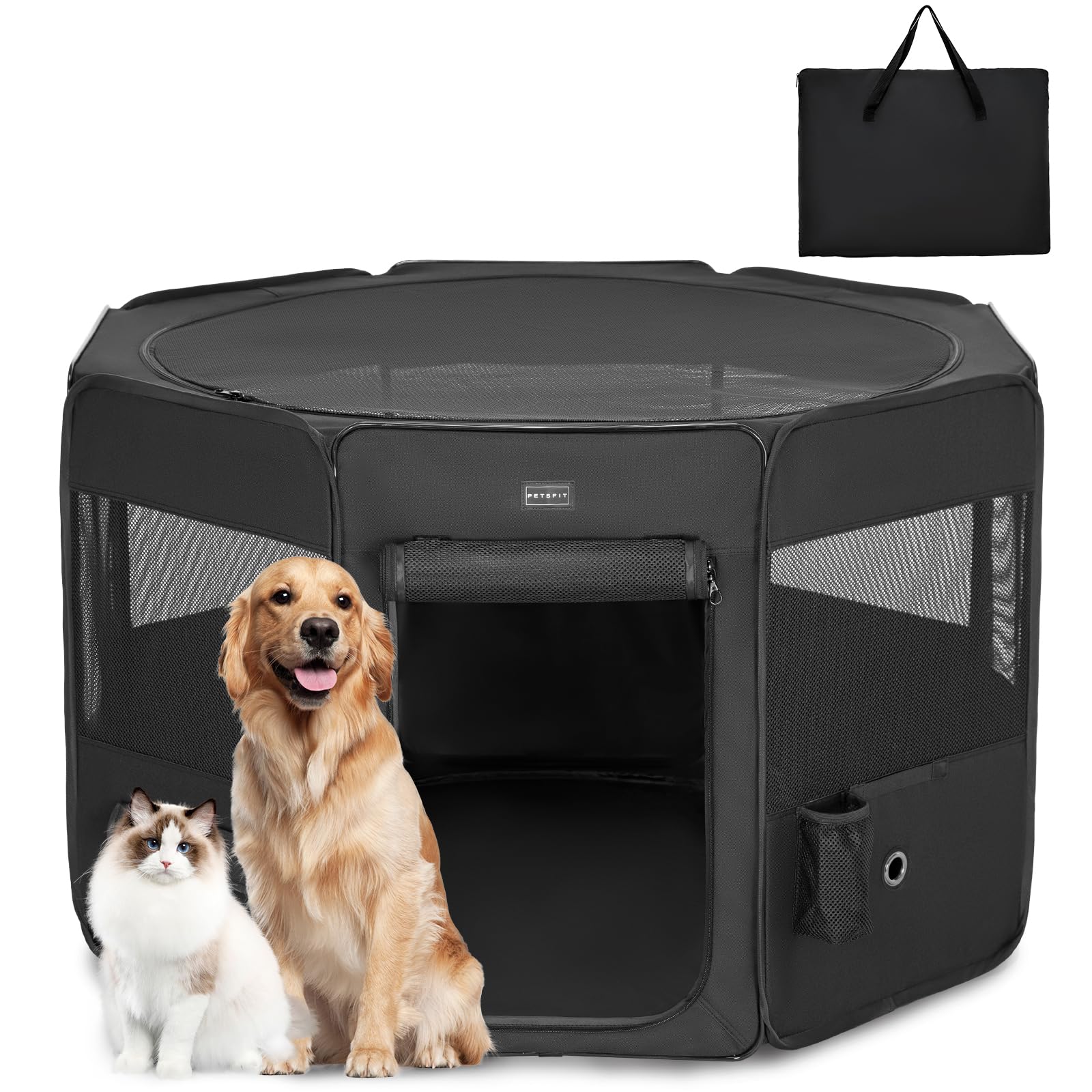 PETSFIT Penna per cani per interni, fondo anti-perdite, pieghevole, pieghevole, design a prova di masticazione, box per cani da interno, 116 × 106 × 72 cm, nero