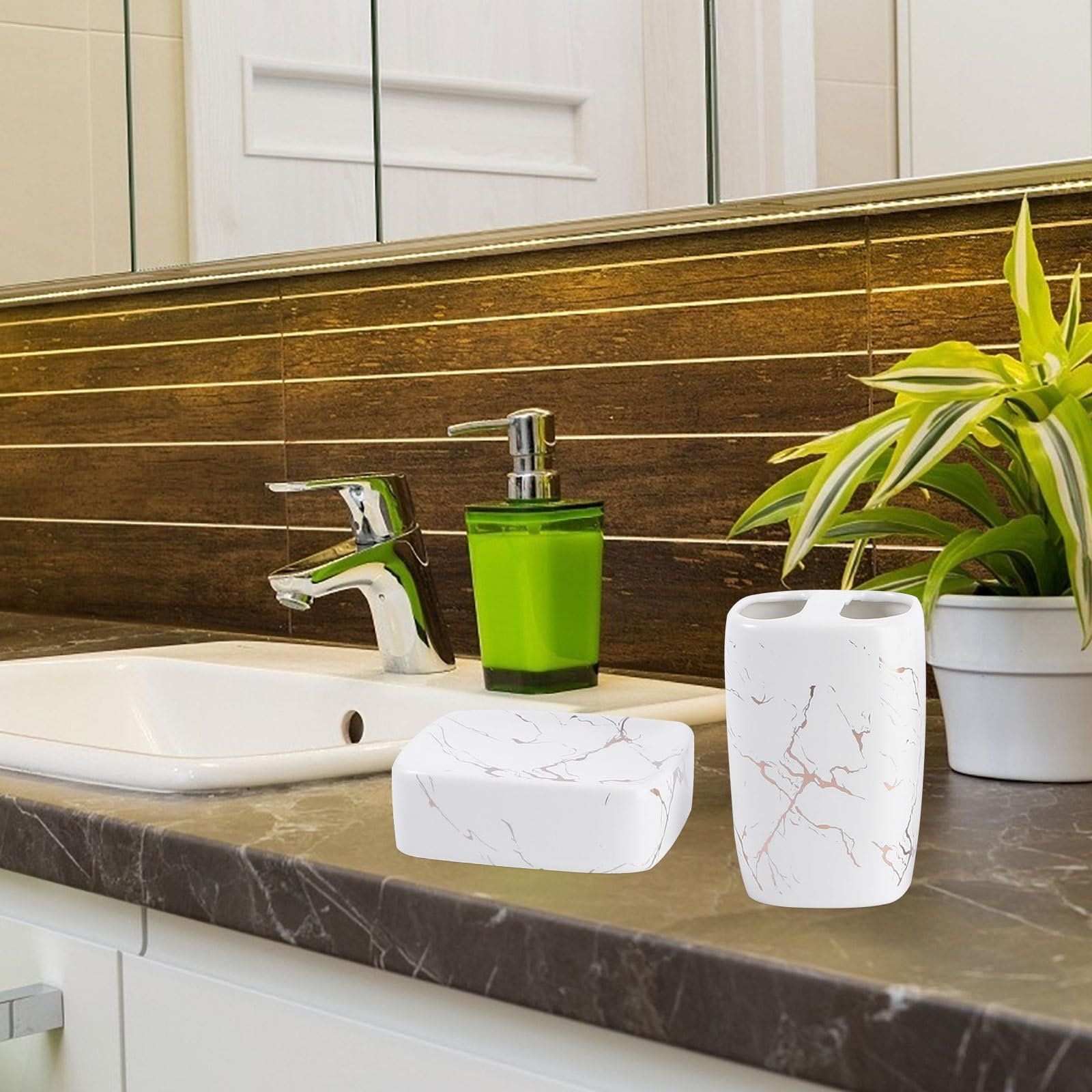 GALPADA Set Accessori da Bagno in Ceramica Bianco 4 Pezzi Porta Spazzolini e Bicchiere per Risciacquo 350ml per Uso Domestico Elegante e Facile da Pulire