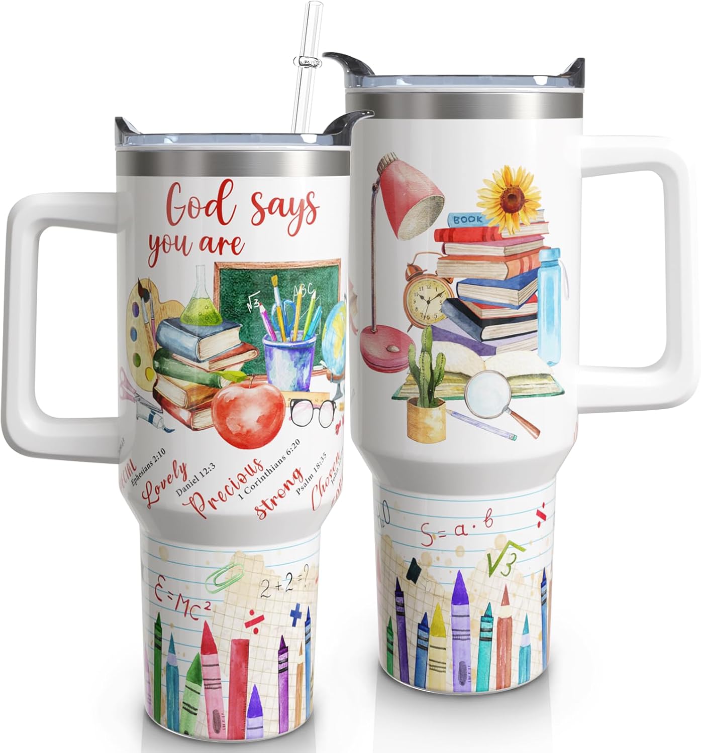 Teacher Tumbler 40 oz Tumbler with Handle Travel Coffee Mug Cup Water Bottle Stainless Steel Insulated 40oz Tumblers with Lid and Straw Teachers Gifts for Women