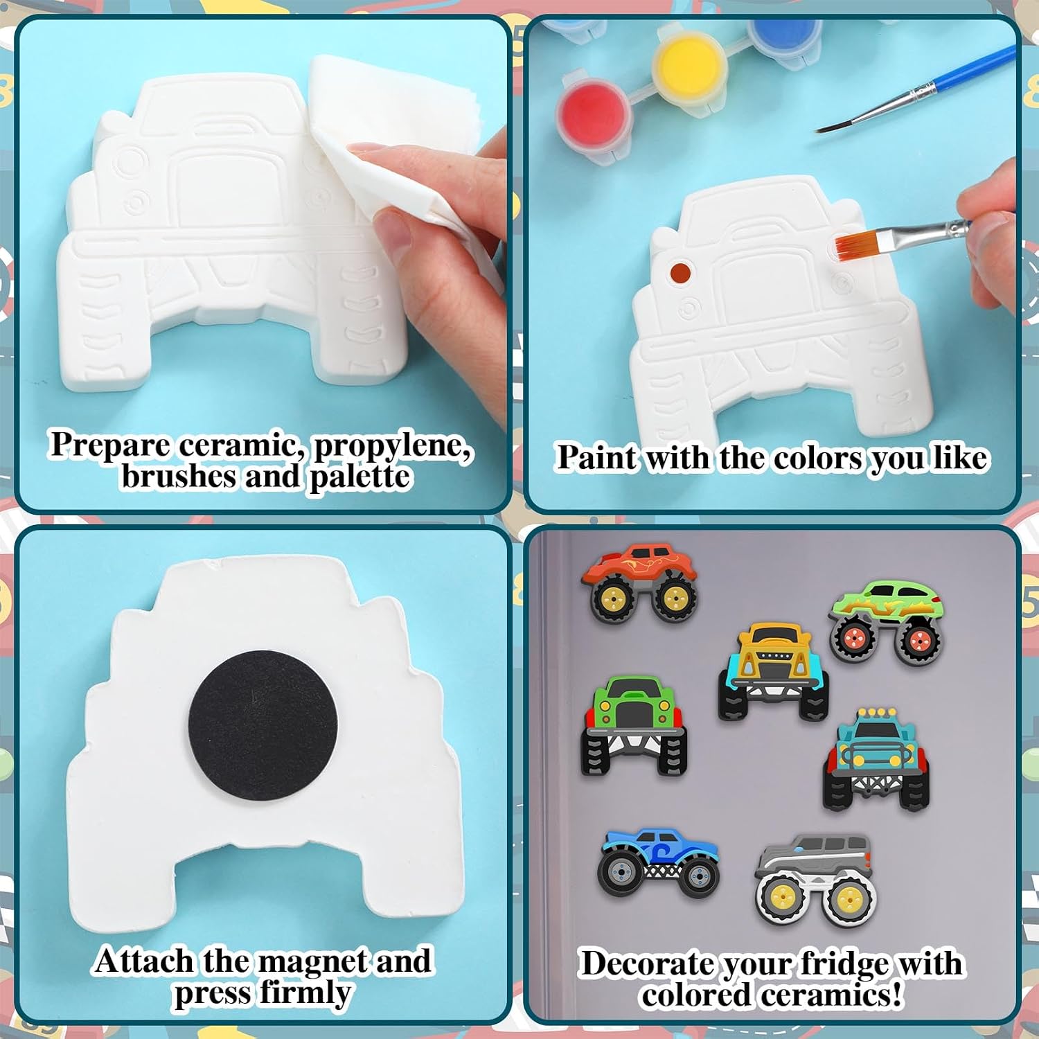 Junkin 24 Sets Ceramic Painting Kit for DIY Ready to Paint Ceramics Painting Crafts Arts and Party Crafts Set with Soft Magnetic Strips(Monster Truck)