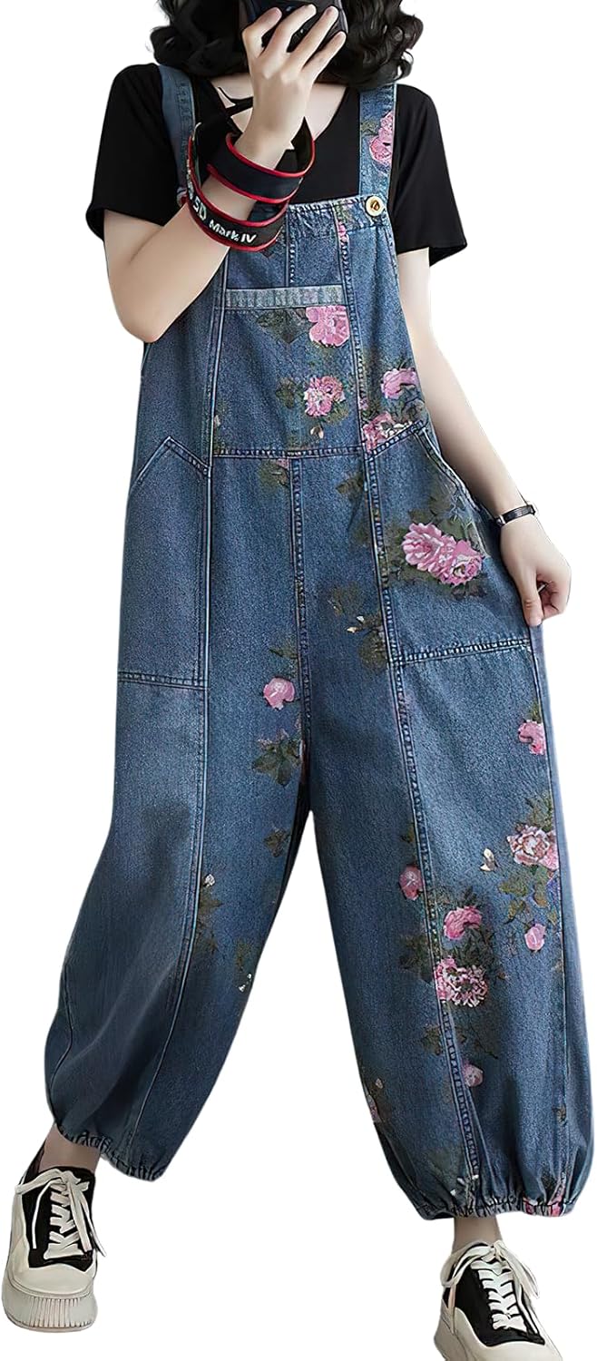 ebossy Women's Cute Floral Print Denim Bib Overalls Baggy Loose Tapered Leg Ankle Length Jean Jumpsuit