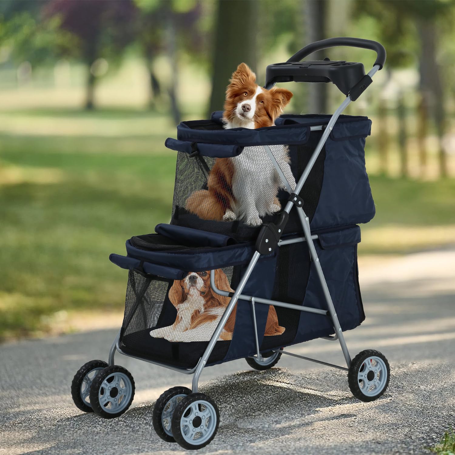 Double Dog Stroller for Small Dogs 10 Lbs / 20 Lbs / 30 Lbs, 4 Wheels Pet Stroller for 2 Dogs, Foldable Cat Stroller Puppy Stroller with Weather Cover