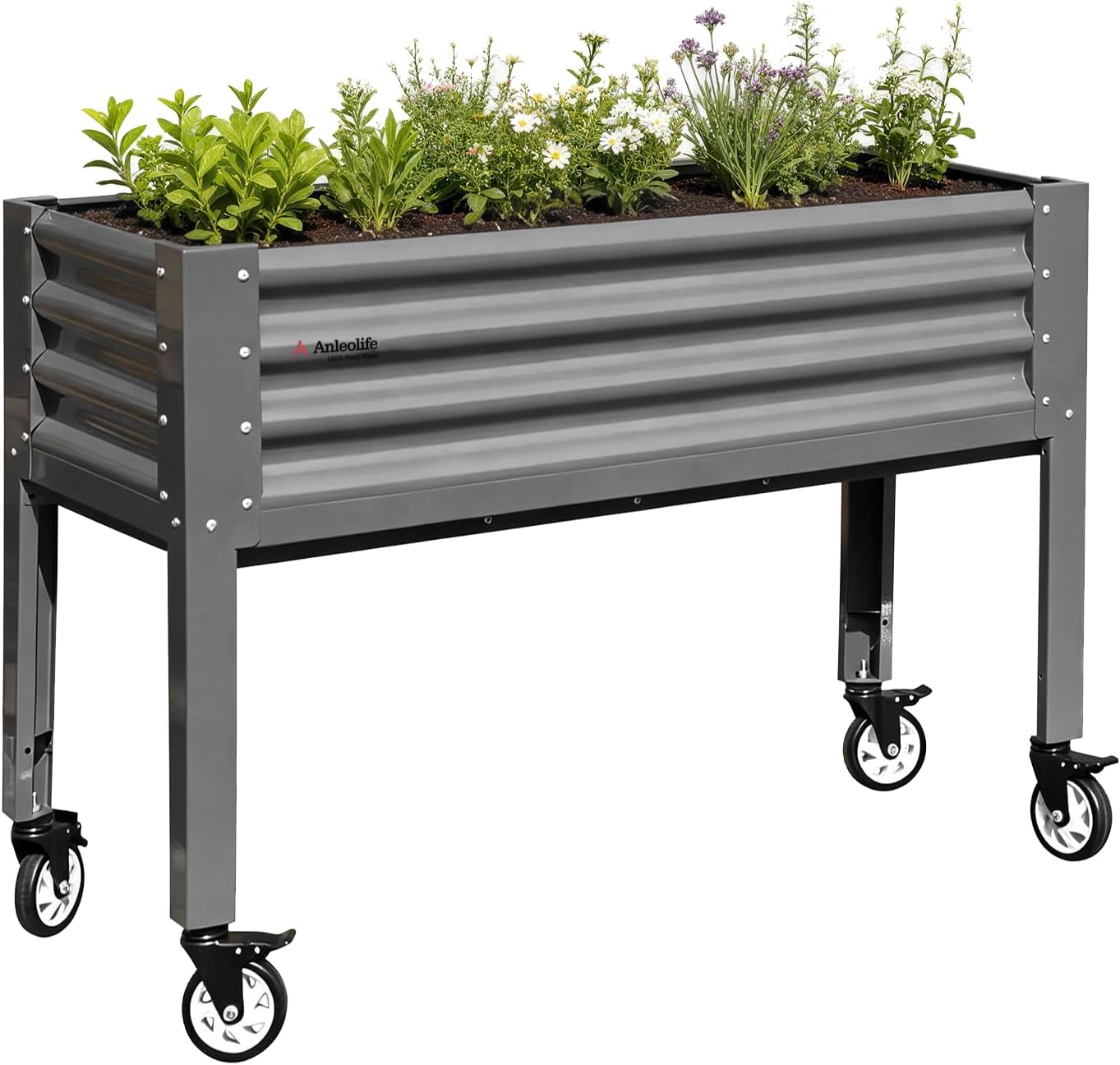 A ANLEOLIFE Elevated Raised Garden Bed with Lockable Wheels, 48x18x35 in Galvanized Steel Planter Box with Legs, Waist-High Design, Reinforced Frame for Balcony, Patio & Porch, Quartz Grey