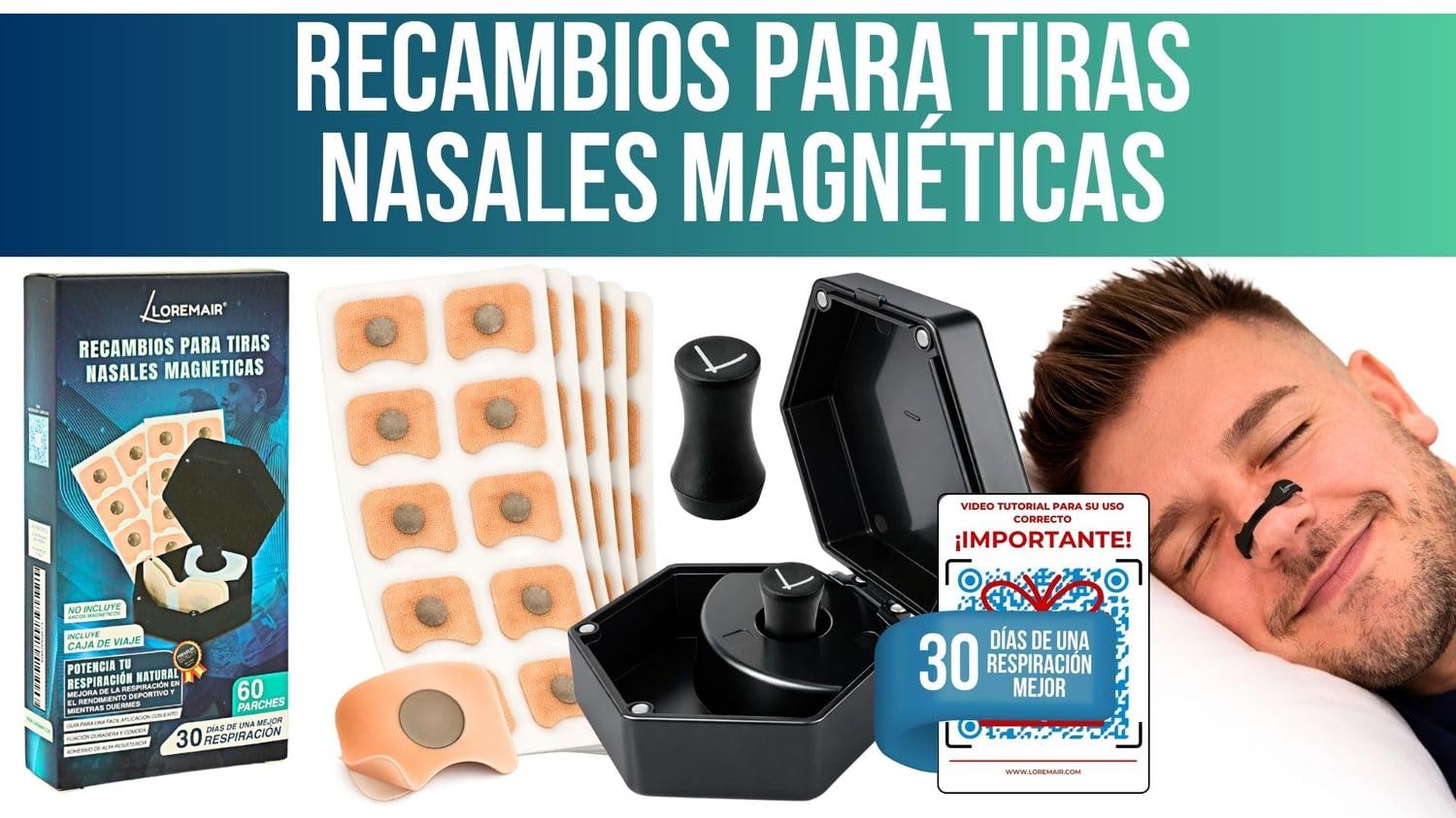 Recambios Tiras Nasales Magnéticas | 60 parches /30 días + caja de almacenamiento viaje + Aplicador | Dilatador Nasal Magnético | Tiras Nasales para Dormir (60 Parches + Caja)