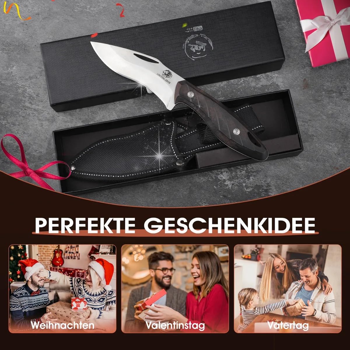 Outdoor Festatehende Klinge 11cm Survival Messer mit Scheide - Camping & Bushcraft Messer mit Holzgriff - Jagdmesser