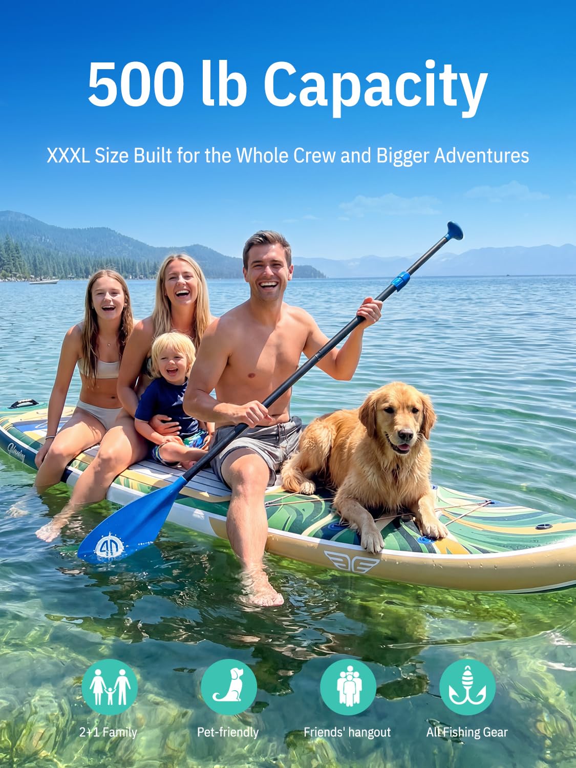 Niphean (Extra Large) Inflatable Paddle Board, SUP for 2+1 People/Family 500lbs Capacity Stand Up Paddle Board with SUP Accessories, StabilTrac Fin Non-Slip Paddleboard for Adults - 3