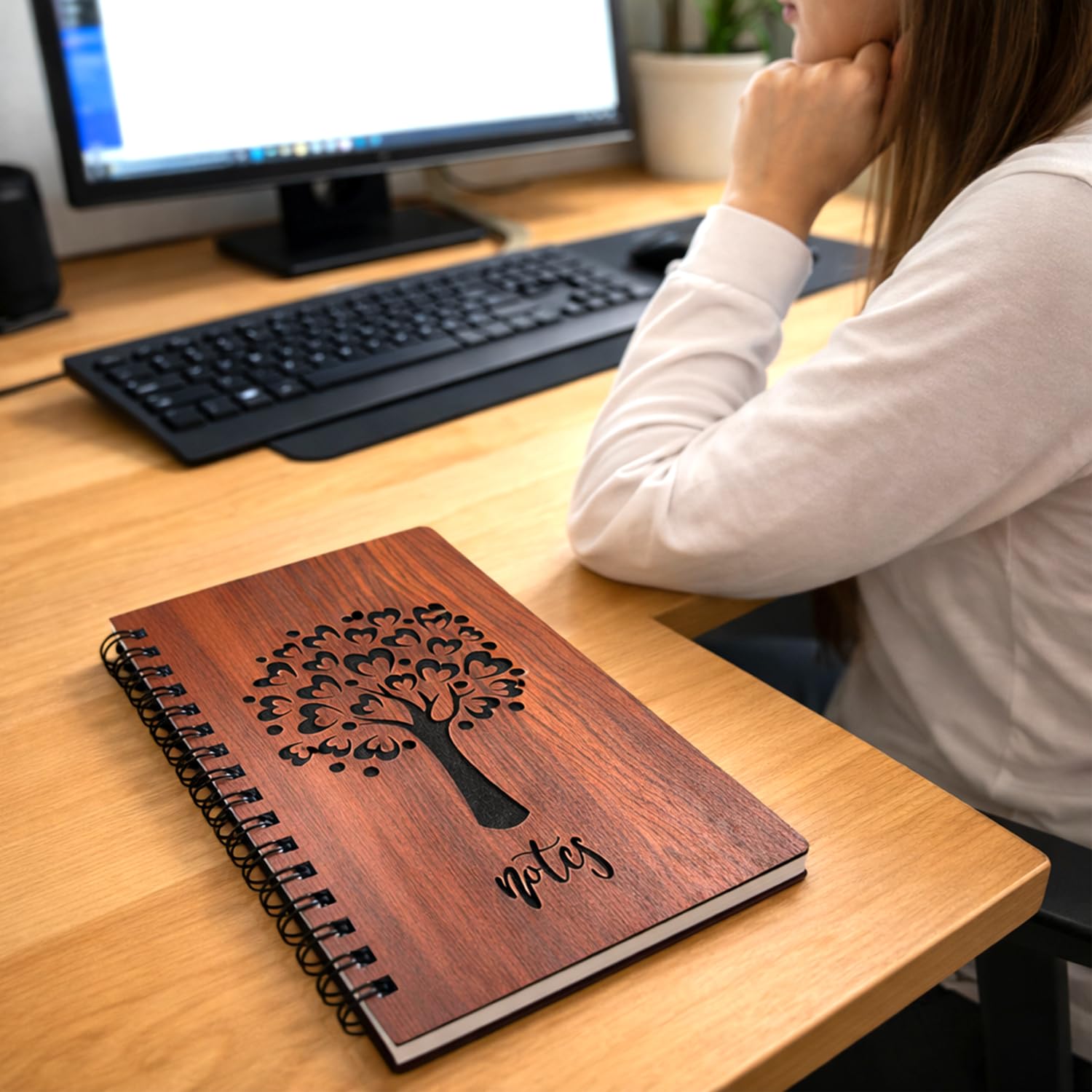DSticker Wooden Spiral Notebook with Engraved Tree Design Hard