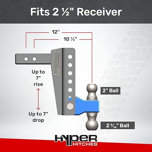 Miniatura 3 de Hyper Hitches Enganche de remolque ajustable se adapta al receptor de 25 pulgadas caída y elevación ajustable incluye enganche de bola doble de 2