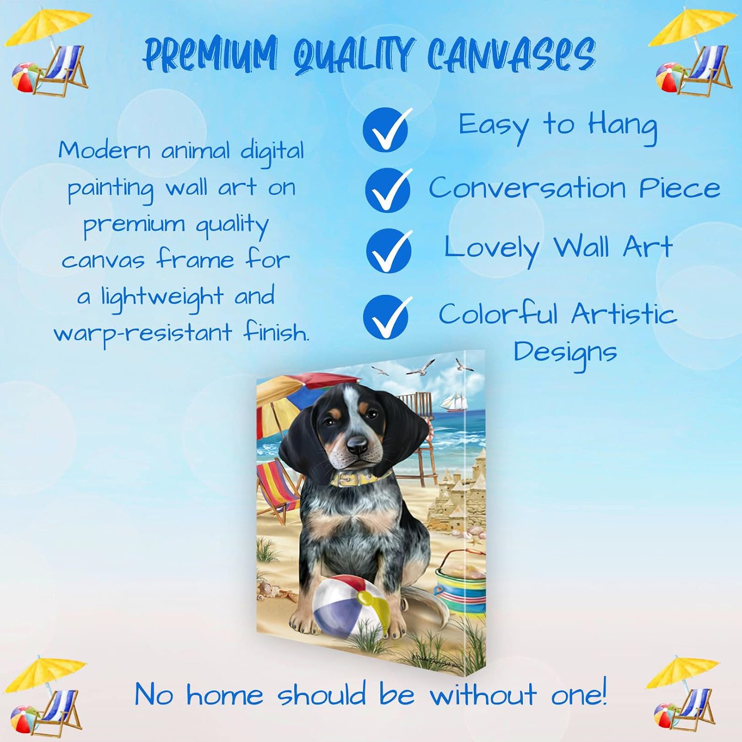 Pet Beach with Bluetick Coonhound Dog Canvas Wall Art - Premium Quality Ready to Hang Room Decor - Black Floating Framed 16" x 16"