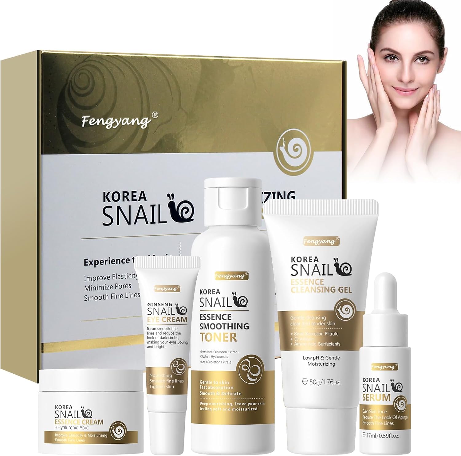 Fengyang® Coffret 5 Pcs Snail Facial Skincare, Set De Sérum A La Mucine D’escargot, Set De Soins Du Visage Pour Adolescentes, Améliore La Peau Abîmée Favorise L’élasticité