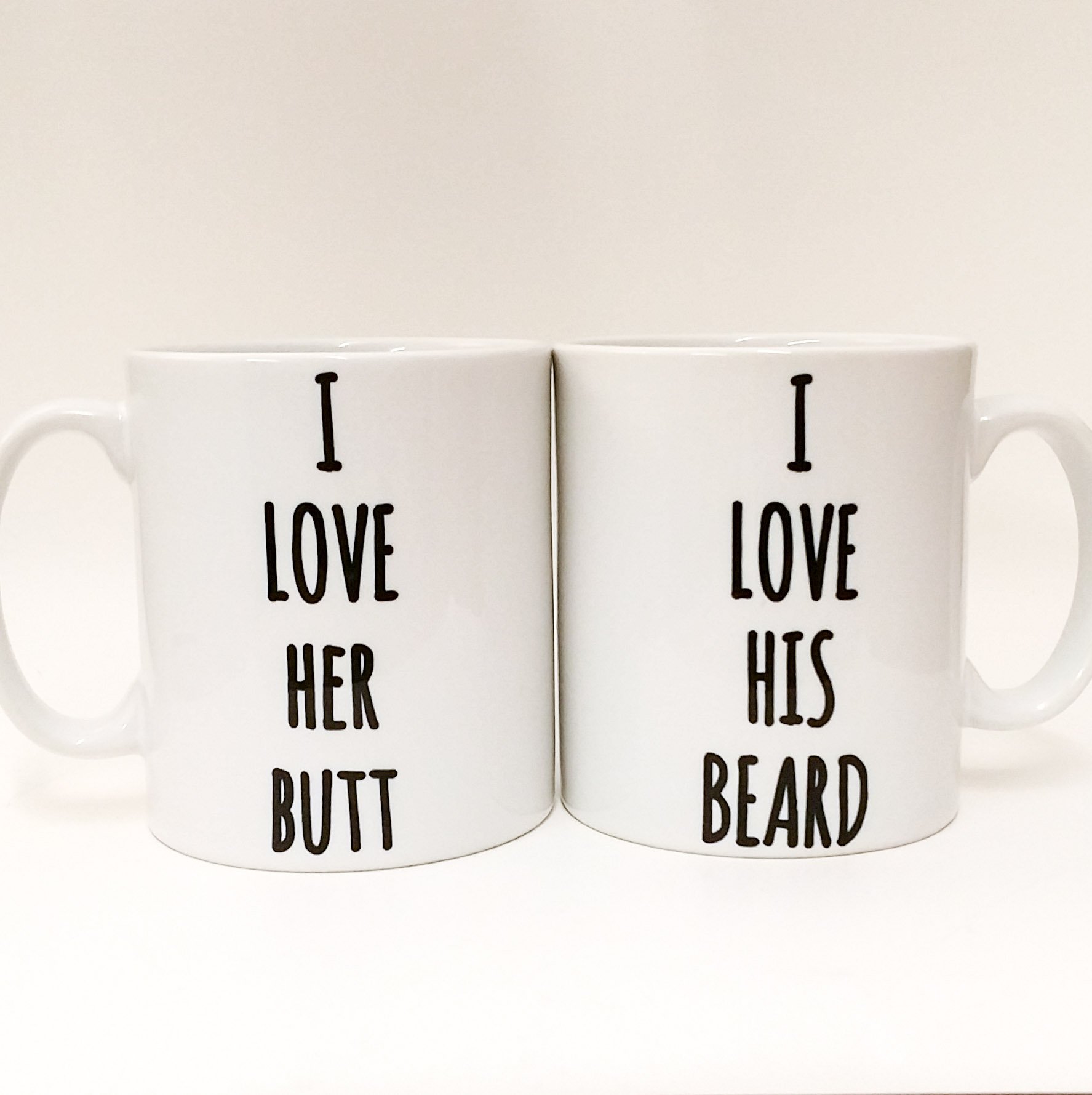 The T Bird Funny Couples Mugs ~ I Love her Butt ~ I Love his Beard ~ his and Hers ~ mr and mrs Mugs ~ Gift Set ~ Wedding Gift ~ Engagement Cups 10oz Mugs