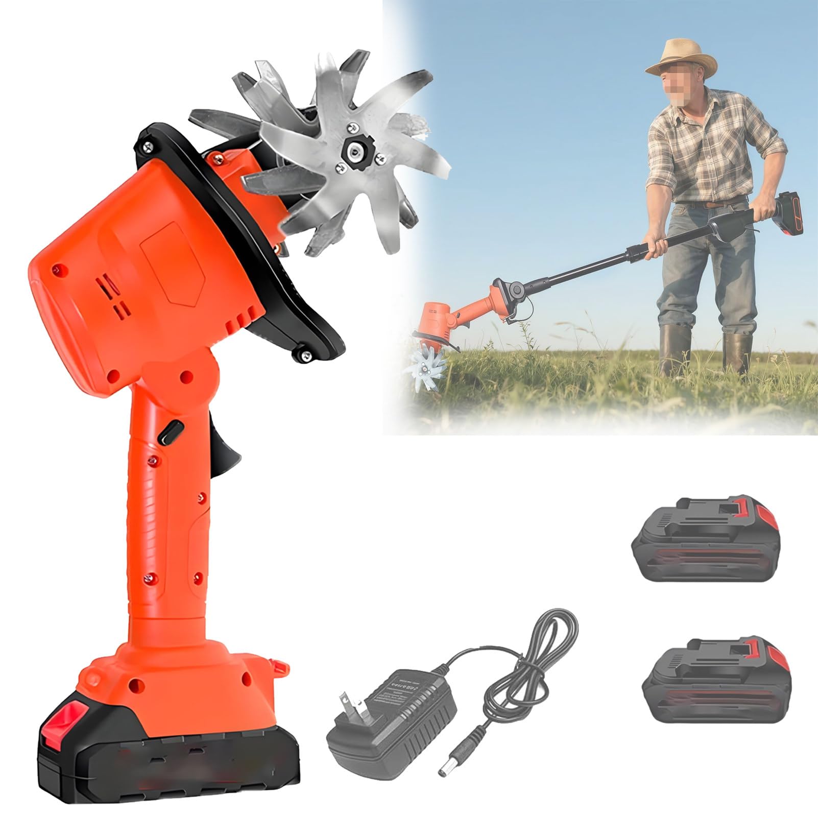 Motobineuse Electrique sans Fil, 21v Portable Motoculteur sur Batterie, 235 RPM Petite Motobineuse éLectrique,Cultivateur pour Potager, Yard, Culture du Jardin Orange-Red-