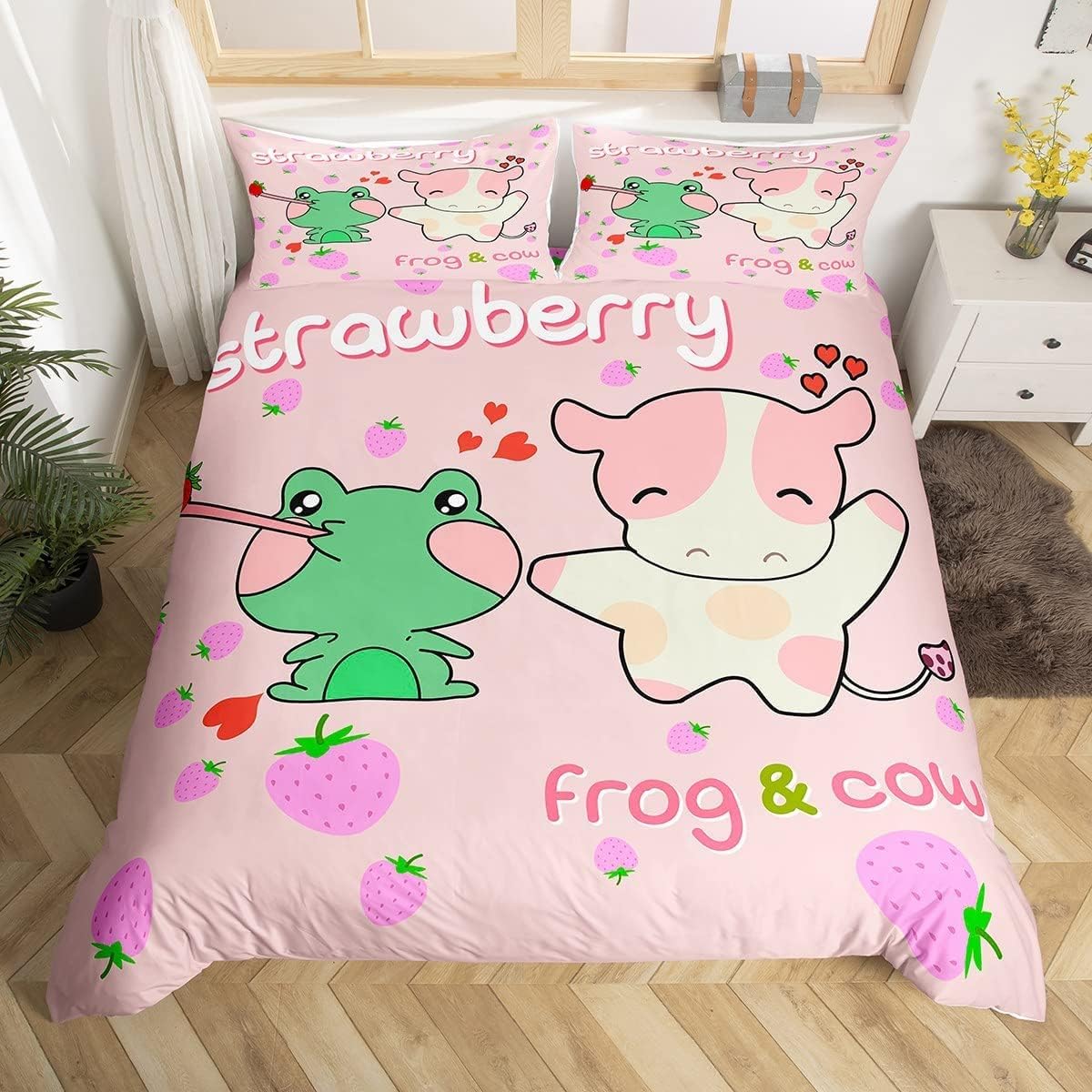 Homemissing Strawberry Frog Bedding Set, 200 x 200 cm, Cow Milk Duvet ...