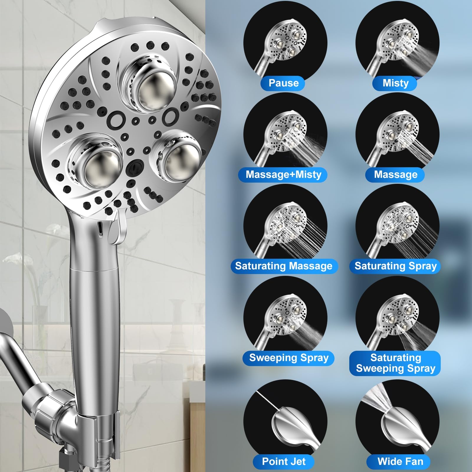 Duschkopf mit Handbrause, 10 Sprühmodi, Massage-Duschkopf, gefilterter Duschkopf mit 2 Filtern für hartes Wasser, 2 integrierte Power-Jets, Duschköpfe, (Premium Chome) (Premium Chome)