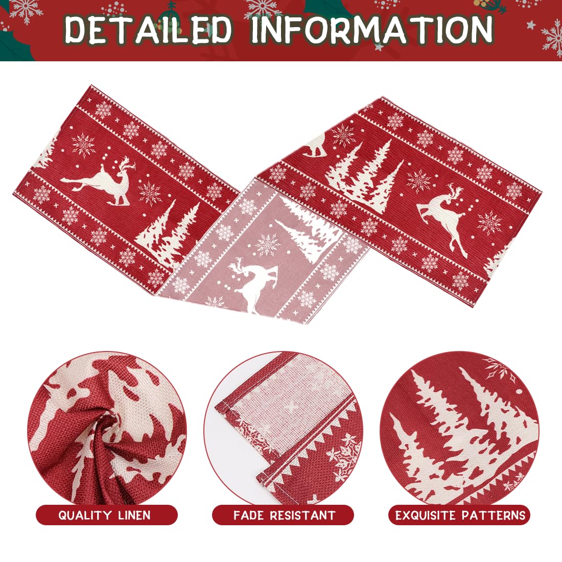 Runner Da Tavola Natalizio Rosso E Bianco Con Renne E Fiocchi Di Neve E Pompon - 178x35 Cm - Tessuto Jacquard
