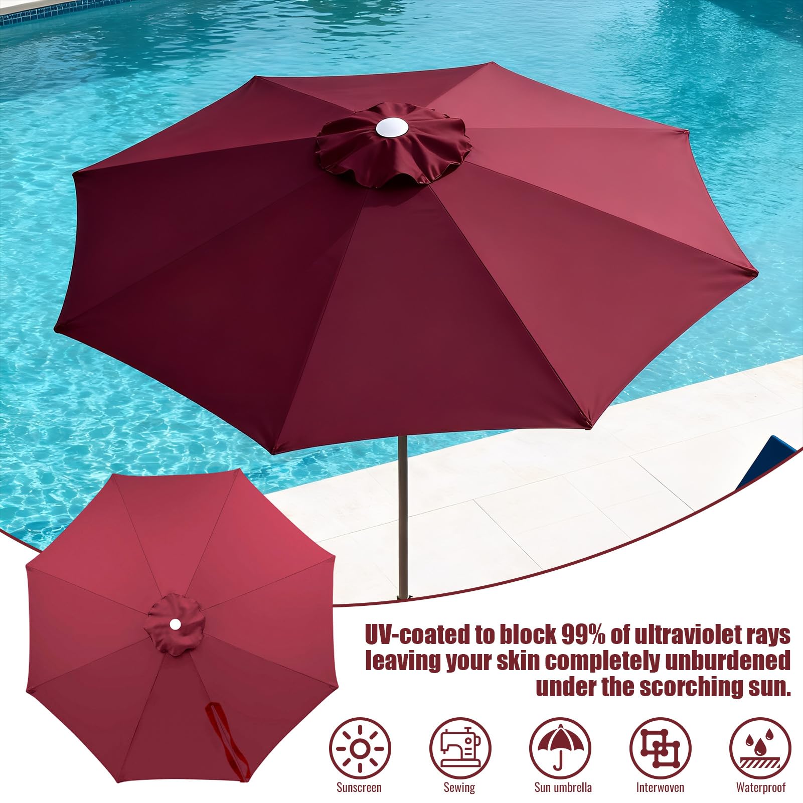 Ombrellone da esterno di ricambio per 8 ombrelloni a costine, protezione UV, 3 m, ricambio per ombrelloni da giardino, piscina, patio, colore rosso vino