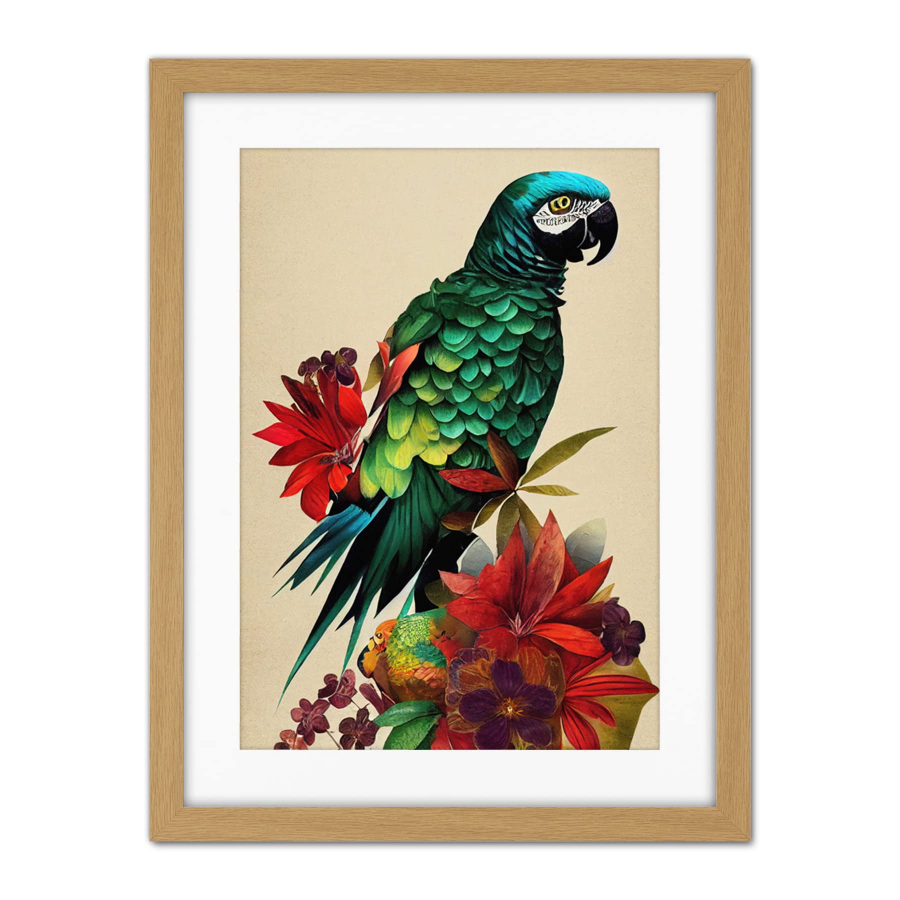 Doppelganger33 LTD Exotic Flowers And Feathers Macaw Parrot And Jungle Blooms Artwork Framed Wall Art Print 18X24 Inch