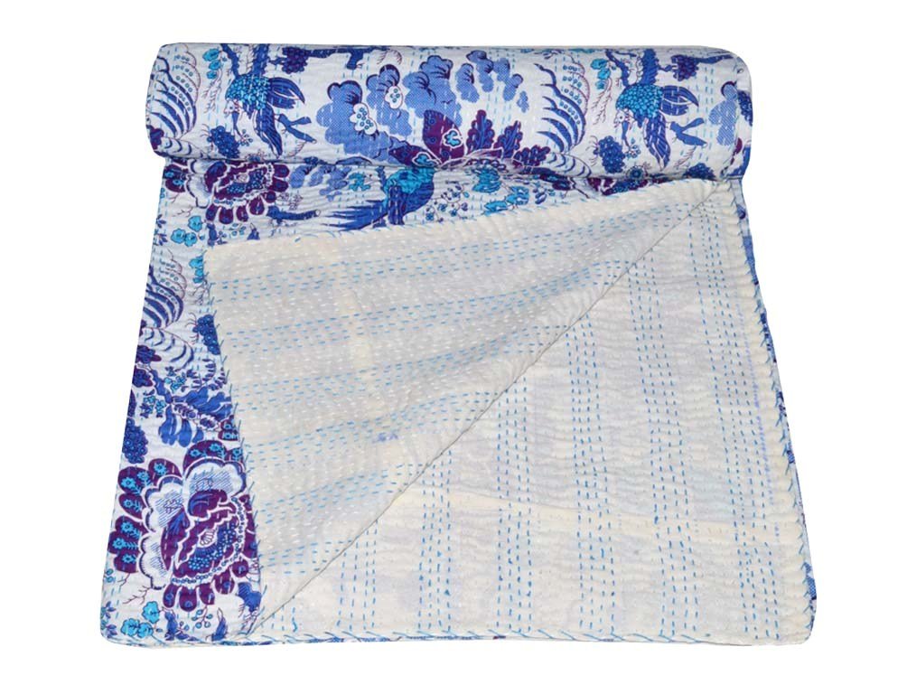 YUVANCRAFTS Kantha Bird Screen Print Cotton Quilt Indian Bedspreads (Blue)
