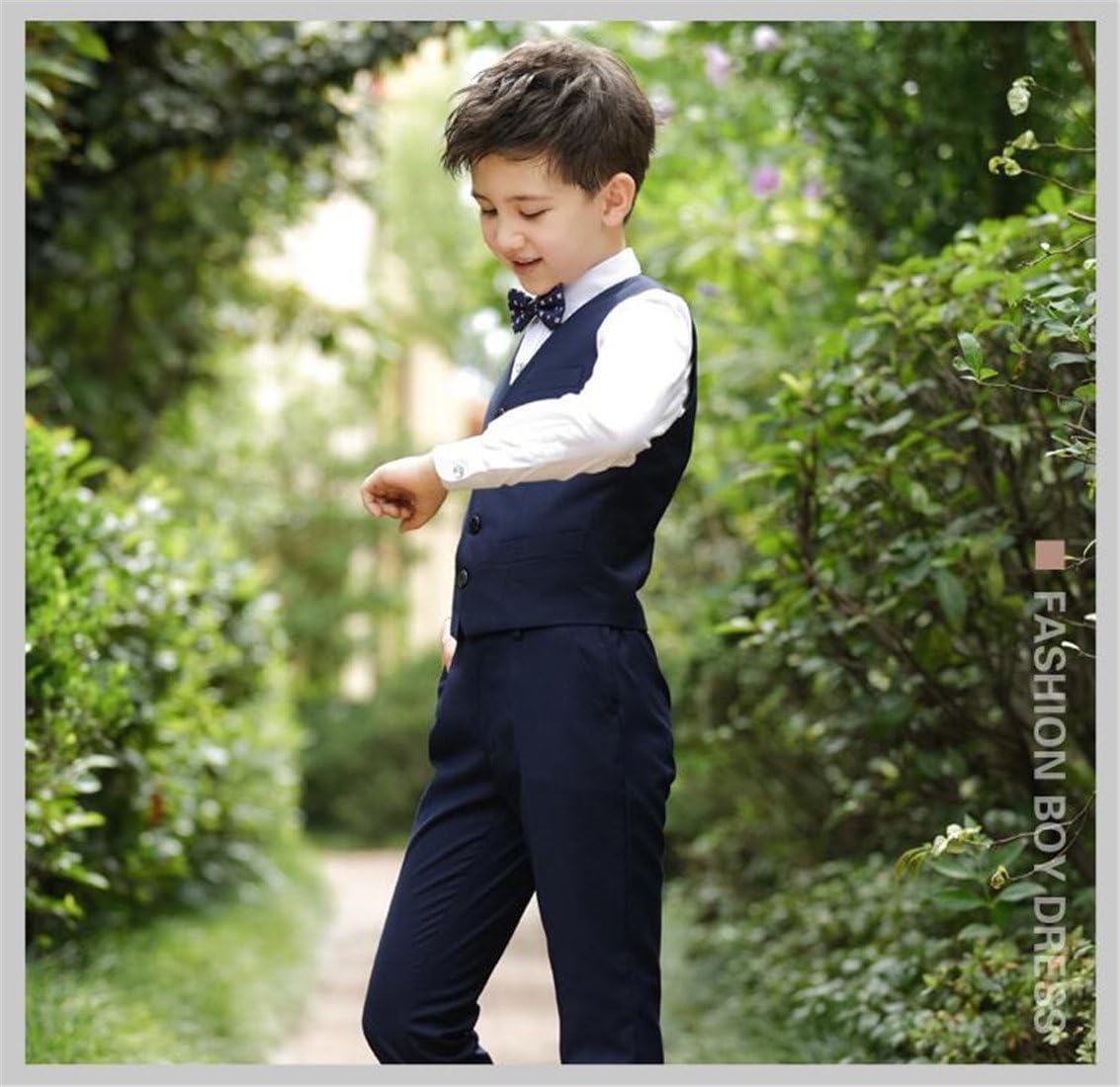 Gele Boy 4 Pieces Formal Wear Suit,Vest+Pants+Shirt+Bow Tie (14, Navy)