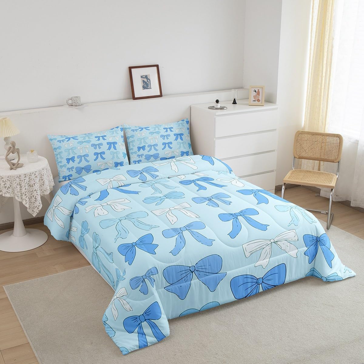 jejeloiu Blue Bowknot Girly Bedding Set Cute Ribbon Bow for Kids Duvet Set Bow Pattern Full Size Comforter Set Bedroom Decor Cartoon Cute Breathable Soft Quilt Set 3Pcs