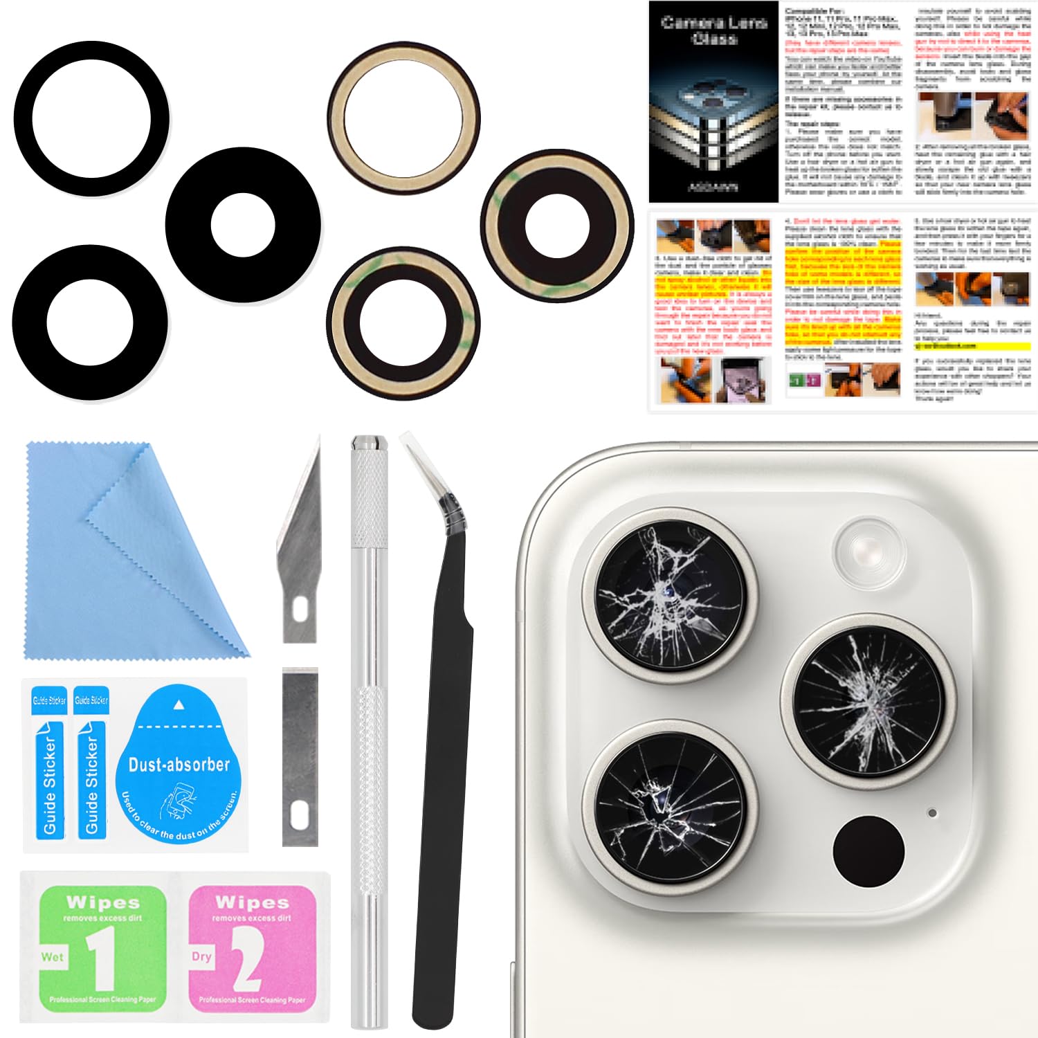 ASDAWN Back Rear Camera Lens Glass Replacement for iPhone 15 Pro 6.1 Inches with Pre-Installed Adhesive, ASDAWN Back Camera Lens Glass kit with Installation Manual + Repair Tool Set