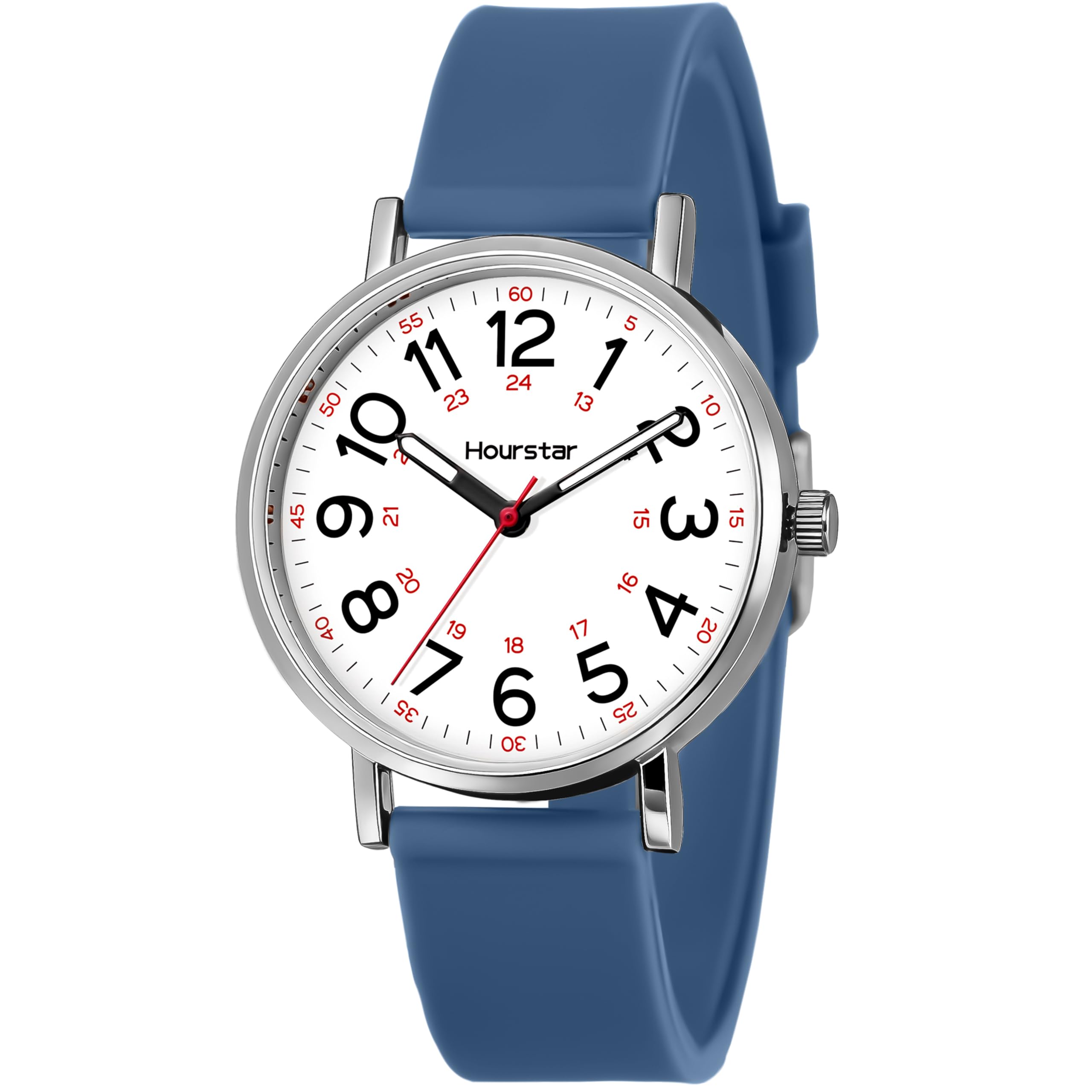 Reloj analógico de enfermera para mujer con segunda mano para enfermería, 12/24 horas, correa de silicona, fácil lectura (azul)