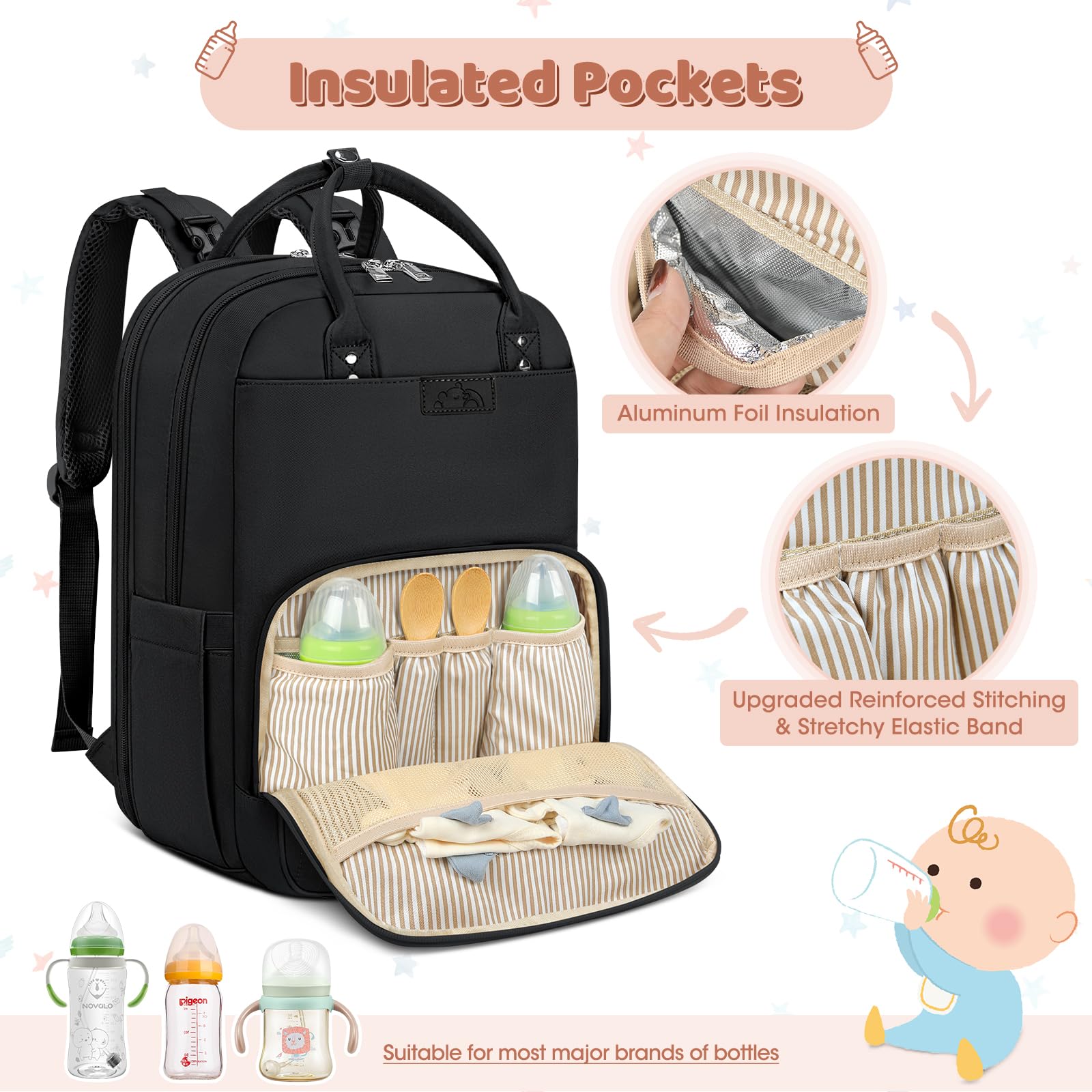 RAINSMORE Sac à Langer Bébé Grand Sac à Dos avec Matelas et Sangles de Poussette Sac Isotherme Noir