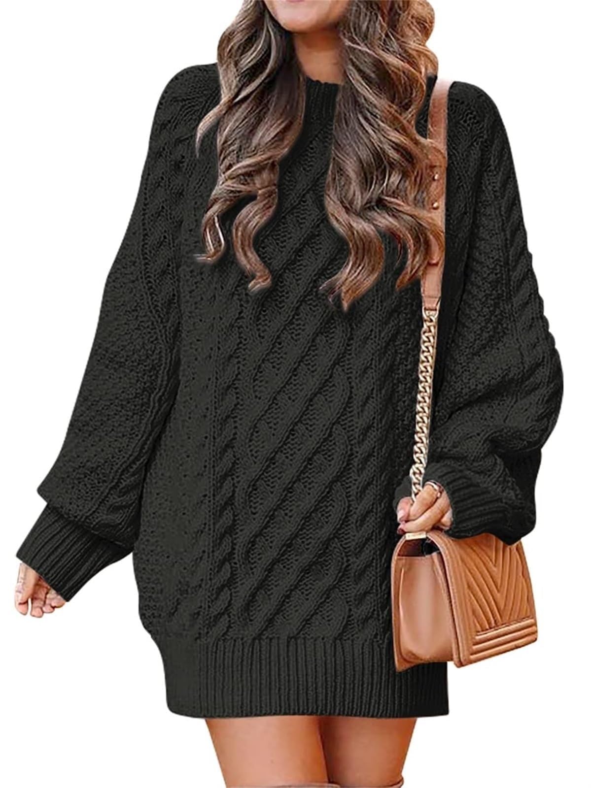 SINLEX Women Long Sleeve Oversized Cable Knit Chunky Baggy Loose Pullover Tunic Mini Sweater Dress Trendy Fall Outfits(Black,L)