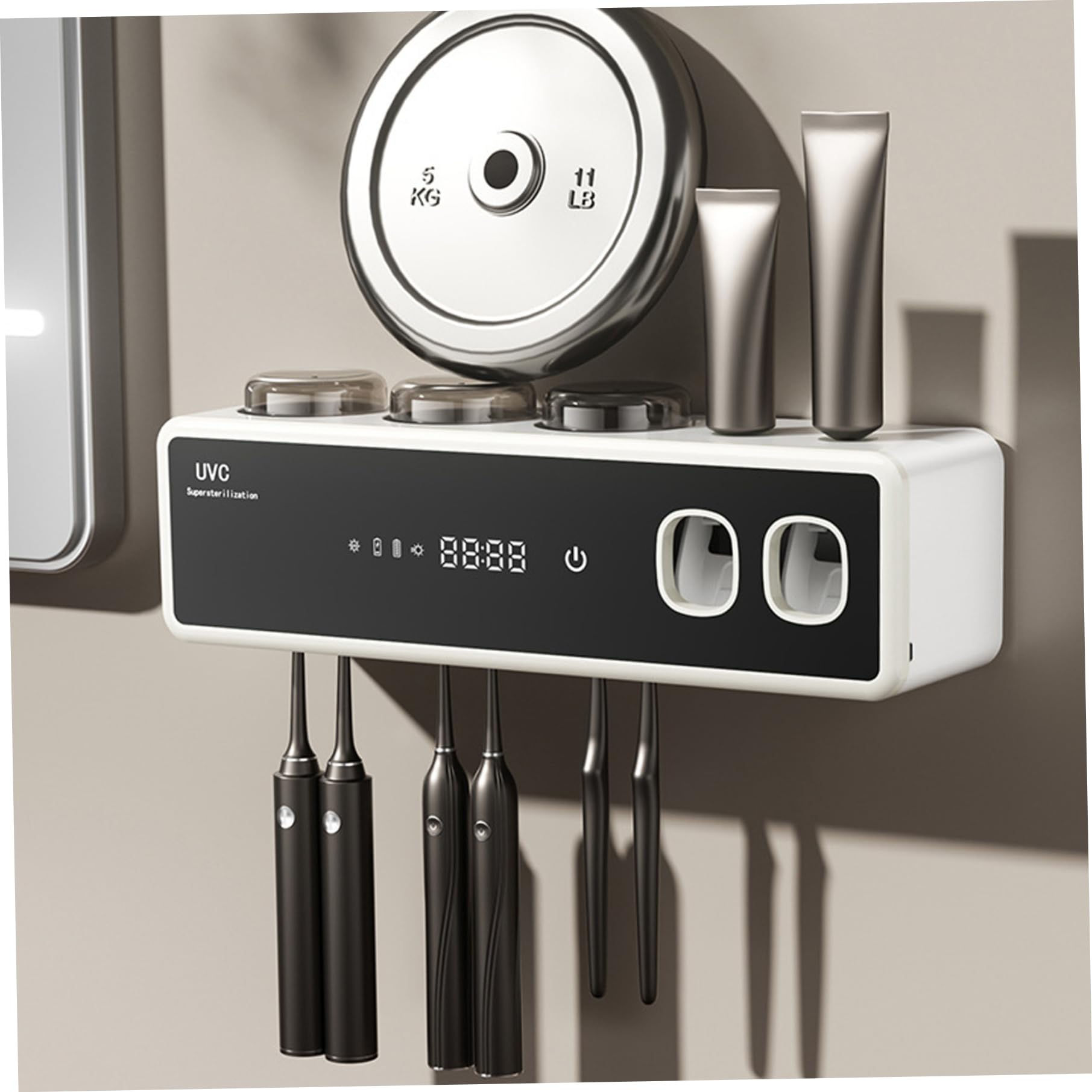 Portaspazzolino intelligente con sterilizzazione UV e dispenser automatico di dentifricio, organizer per spazzolini elettrici montato a parete con funzione di asciugatura, bianco