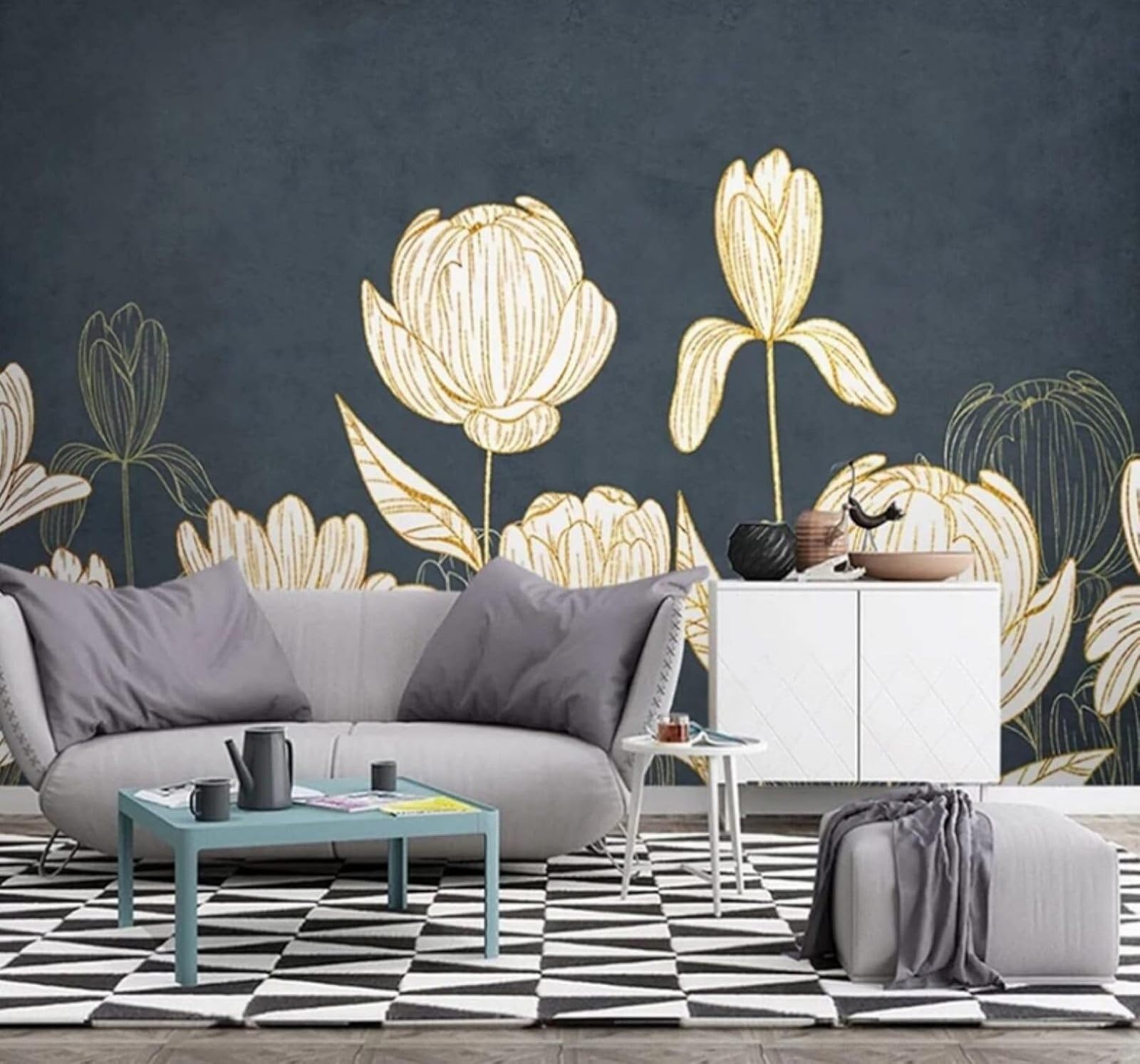 XLMING Hand Drawn Lines Plants Flowers Patterns 3D Wallpaper Luxury Home Dining Decor Paste Sofa Living Room The Wall for Bedroom Mural-150cm×105cm